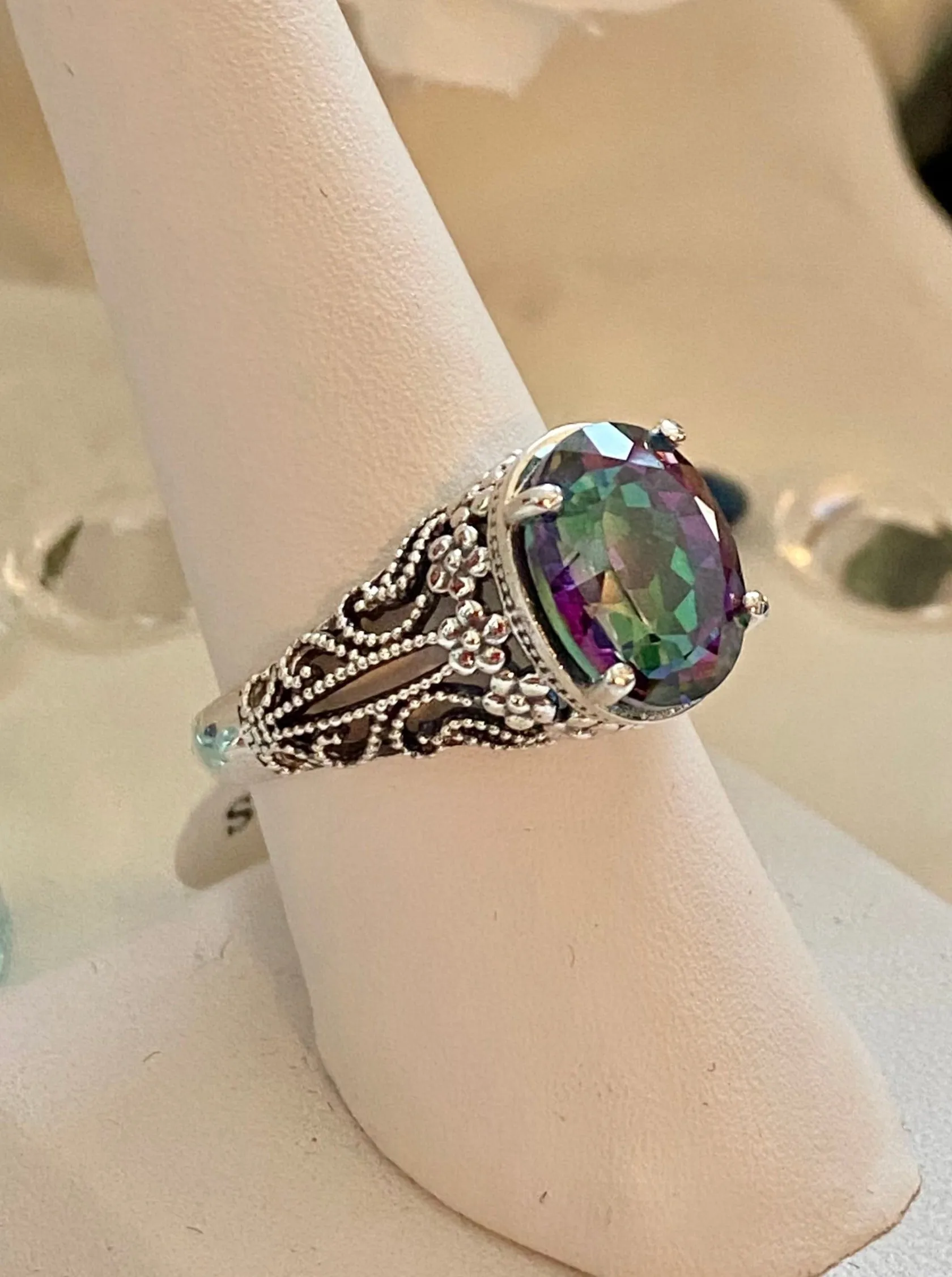 Natural Mystic Topaz Ring, Oval Gemstone, Vintage Jewelry, Blossom Design D171