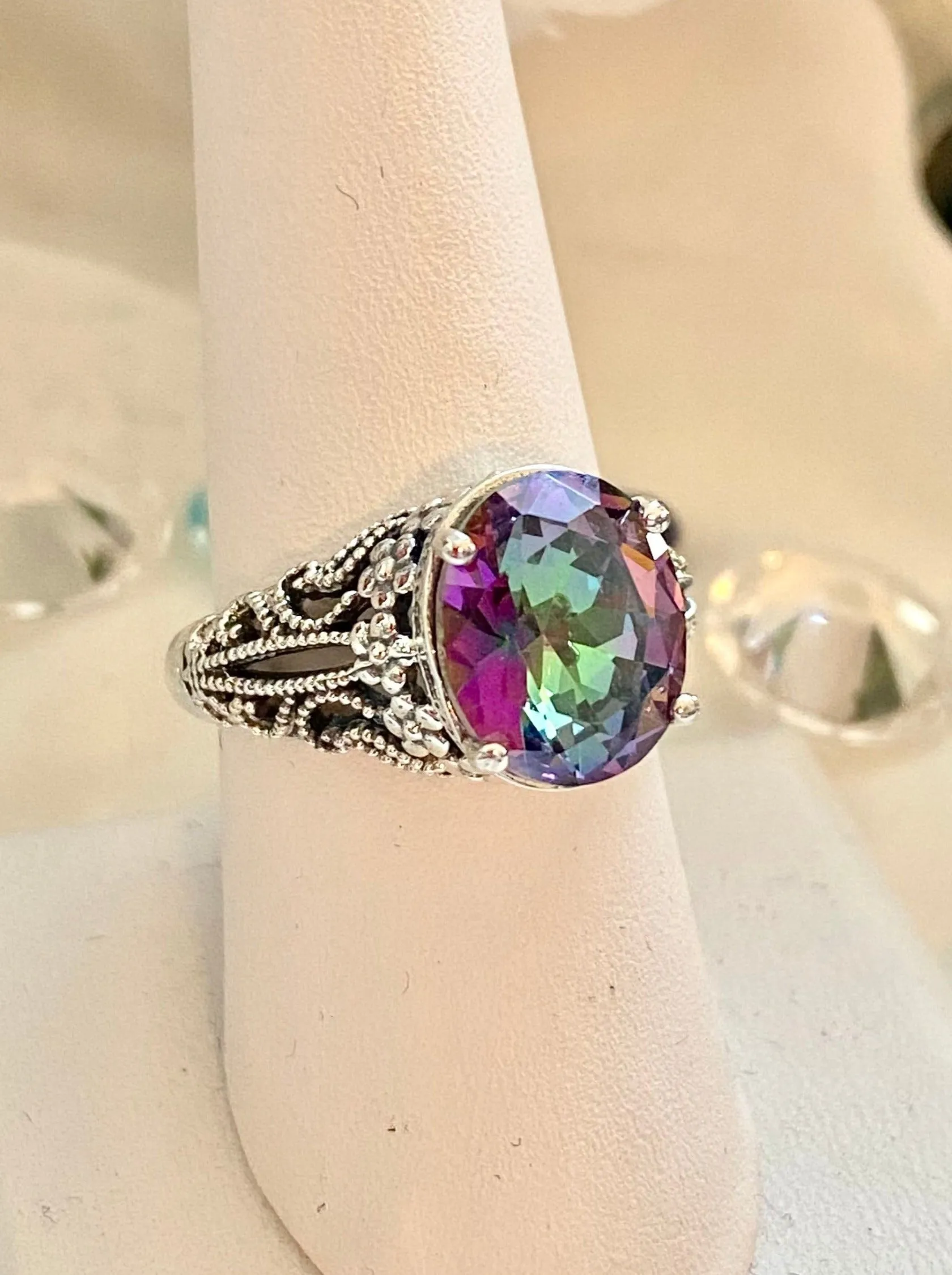 Natural Mystic Topaz Ring, Oval Gemstone, Vintage Jewelry, Blossom Design D171