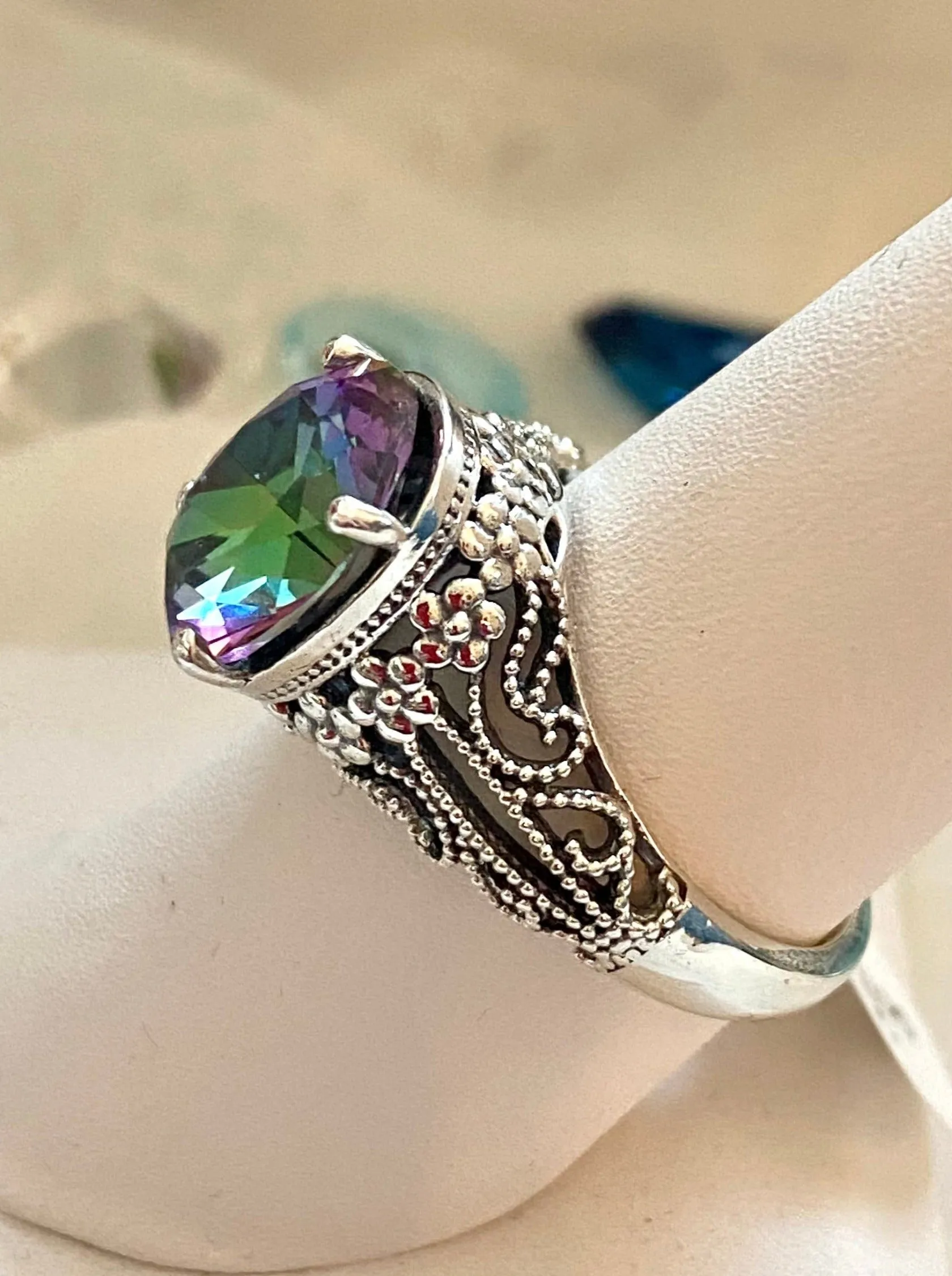Natural Mystic Topaz Ring, Oval Gemstone, Vintage Jewelry, Blossom Design D171