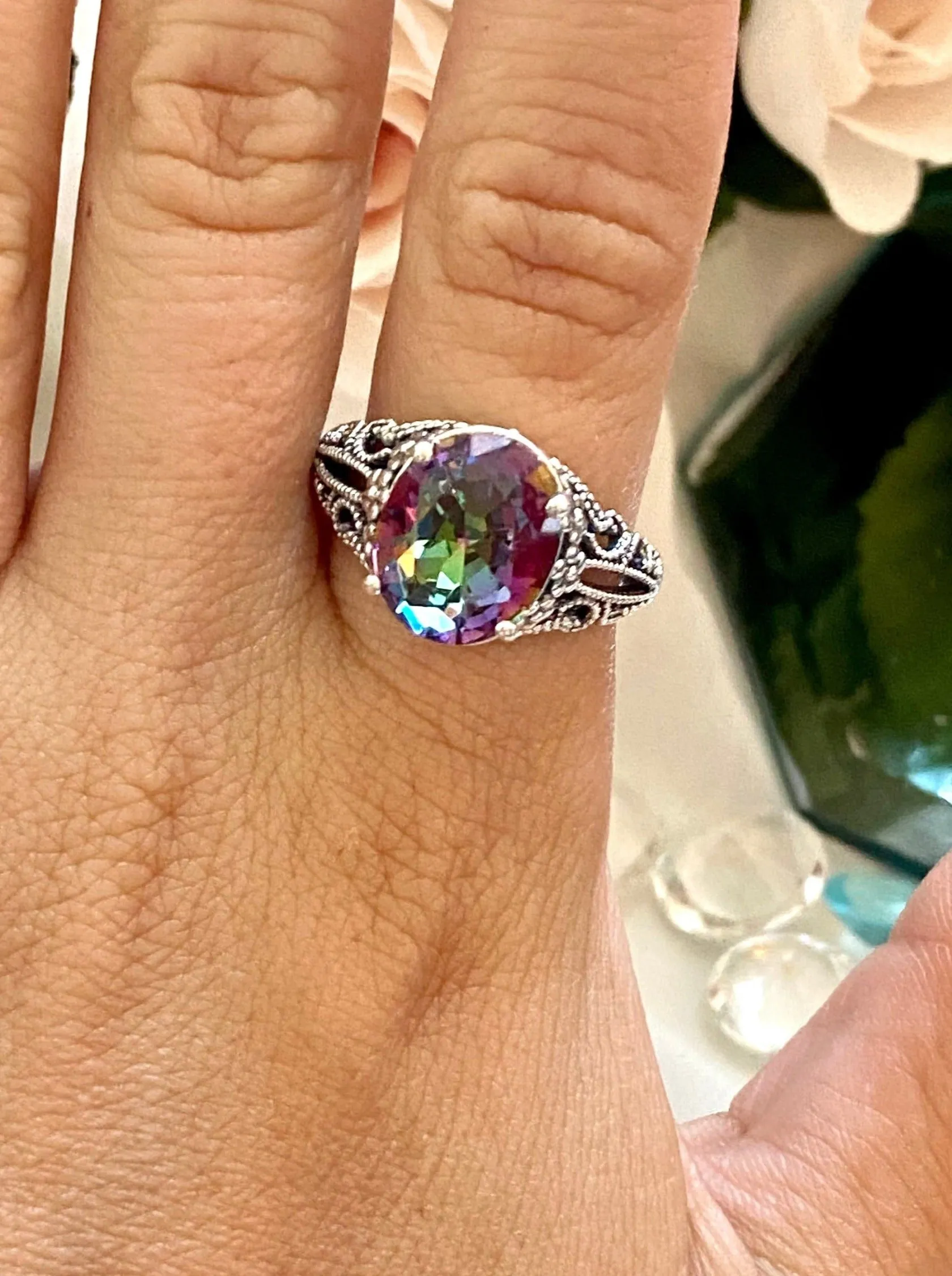 Natural Mystic Topaz Ring, Oval Gemstone, Vintage Jewelry, Blossom Design D171