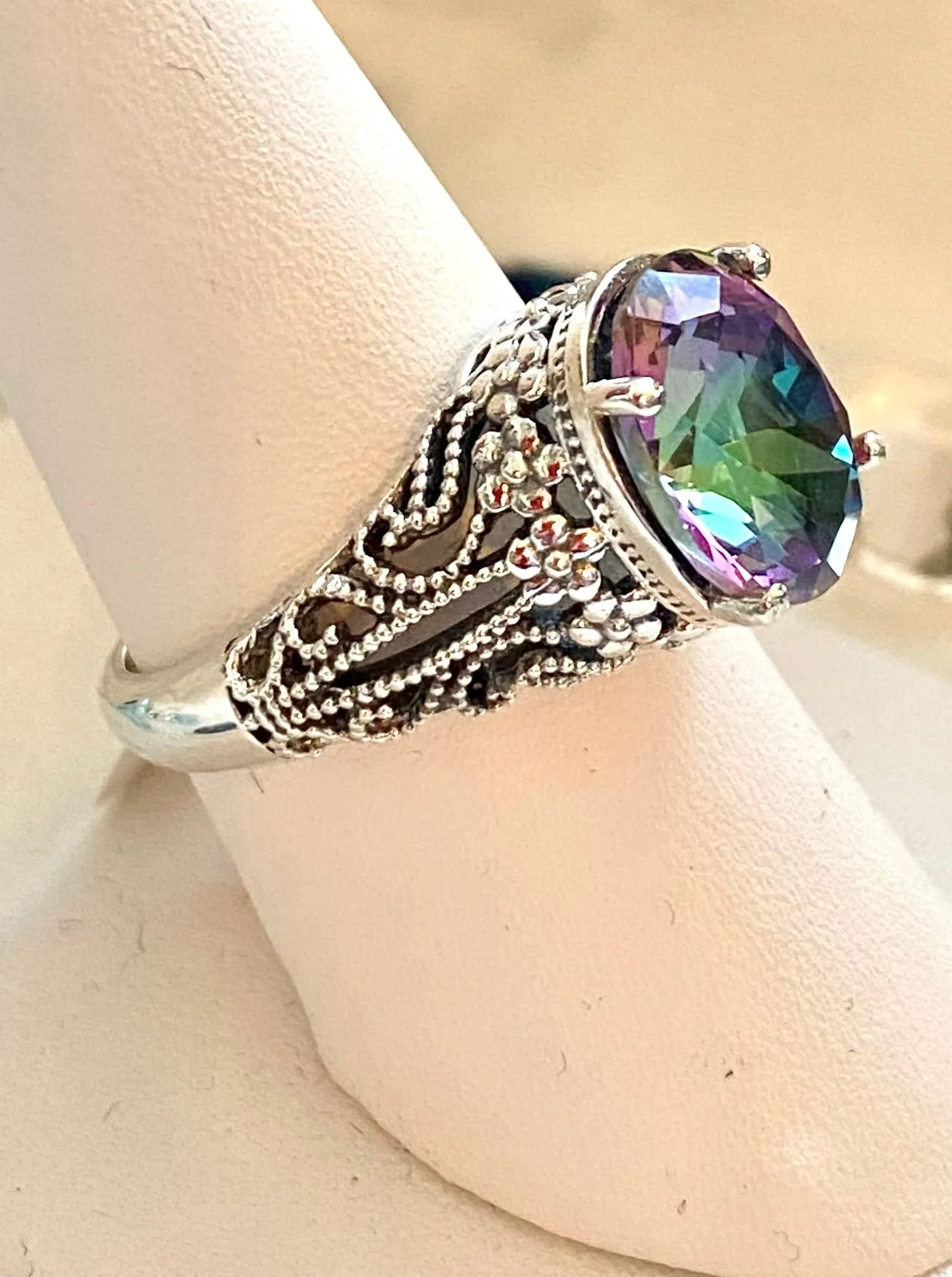 Natural Mystic Topaz Ring, Oval Gemstone, Vintage Jewelry, Blossom Design D171