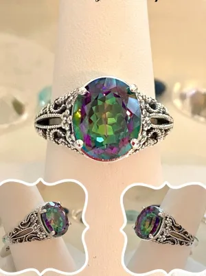 Natural Mystic Topaz Ring, Oval Gemstone, Vintage Jewelry, Blossom Design D171