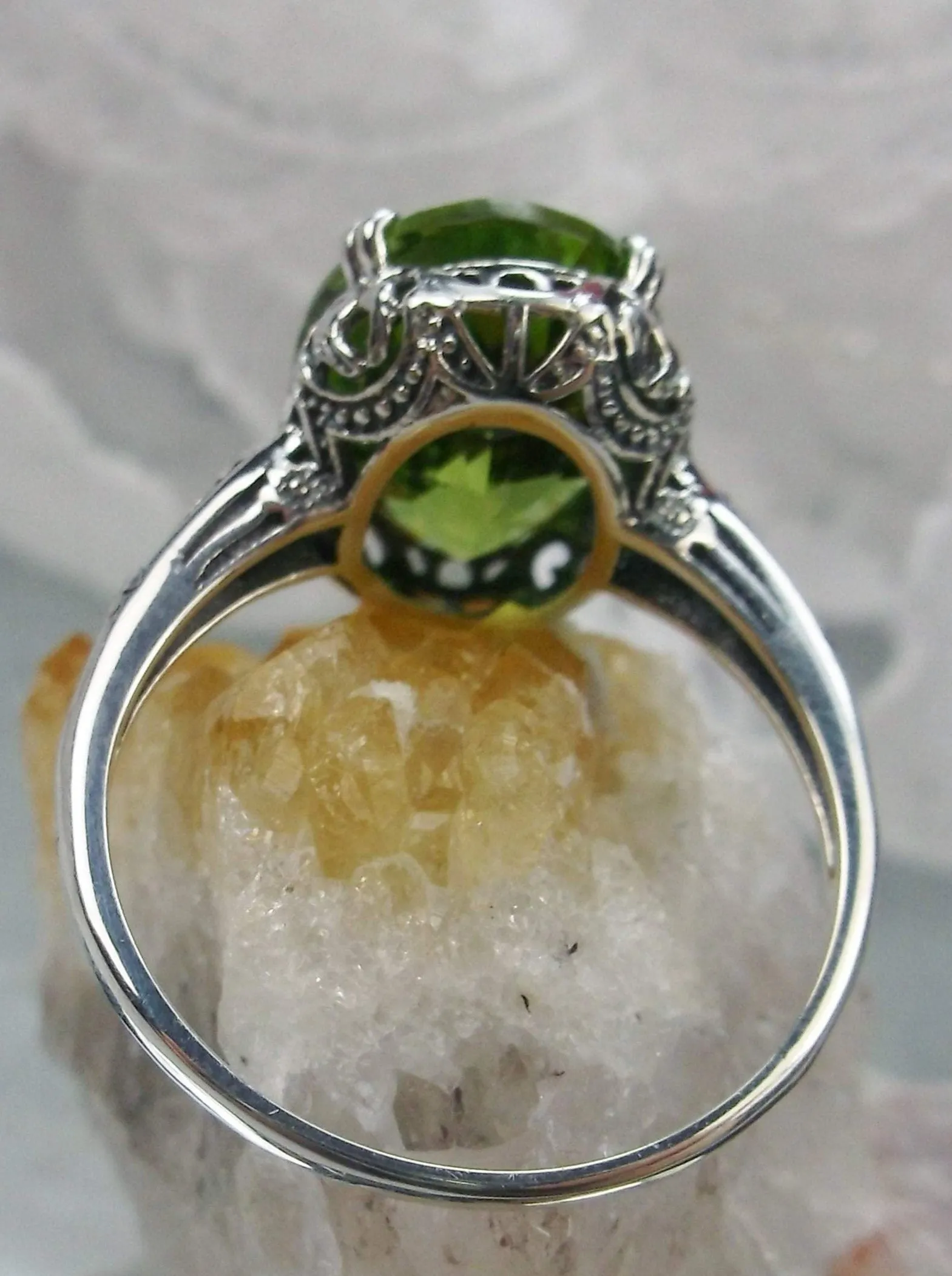 Natural Peridot Ring, 10k white Gold, Edwardian Revival Jewelry #D70