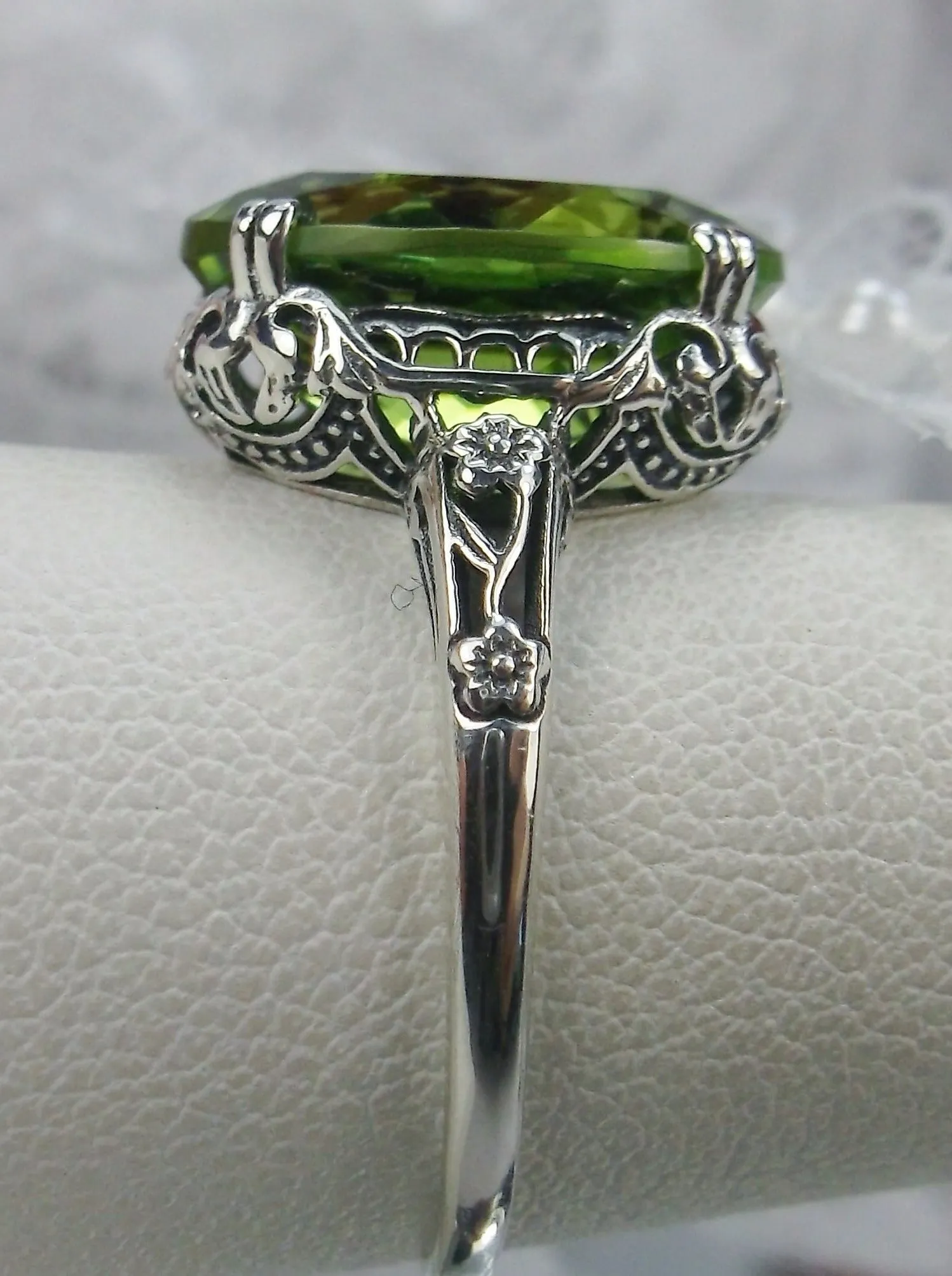 Natural Peridot Ring, 10k white Gold, Edwardian Revival Jewelry #D70