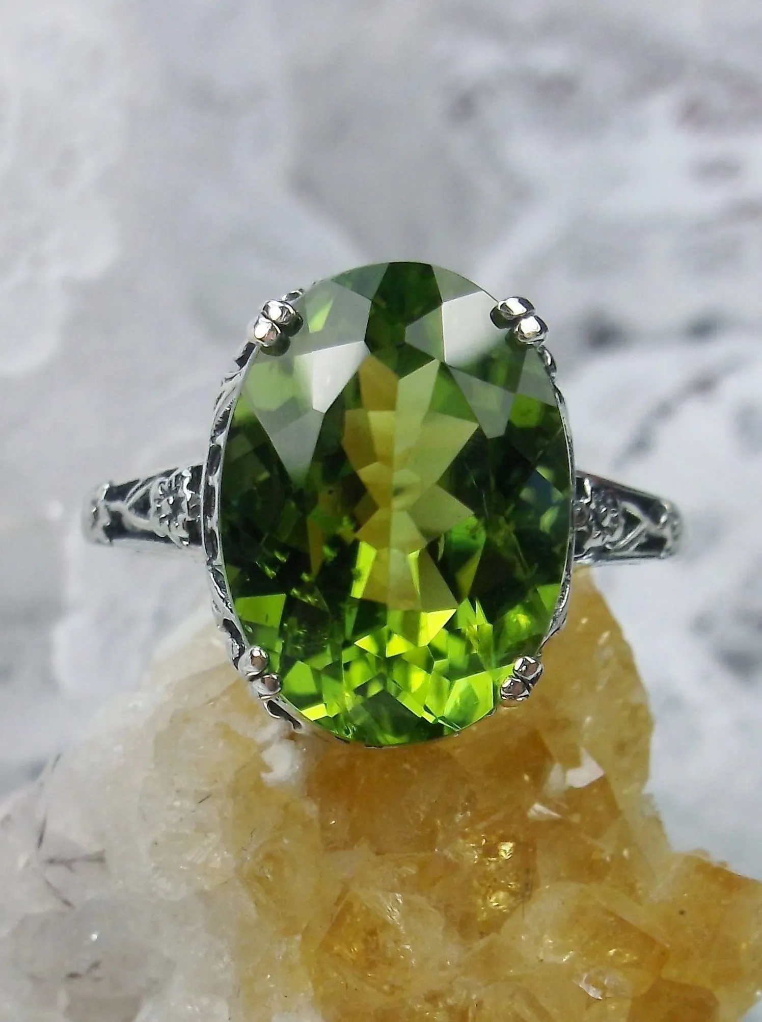 Natural Peridot Ring, 10k white Gold, Edwardian Revival Jewelry #D70