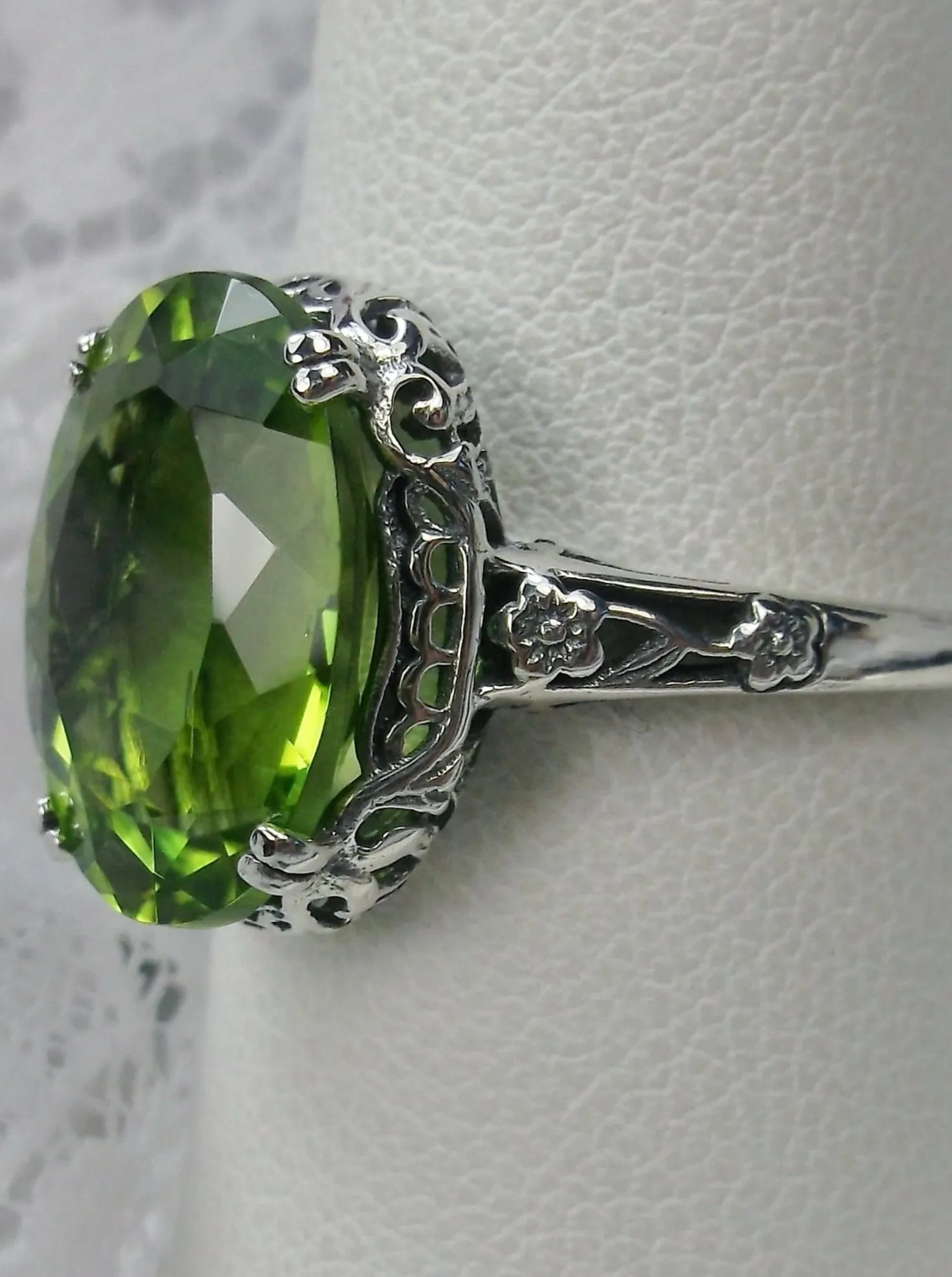 Natural Peridot Ring, 10k white Gold, Edwardian Revival Jewelry #D70