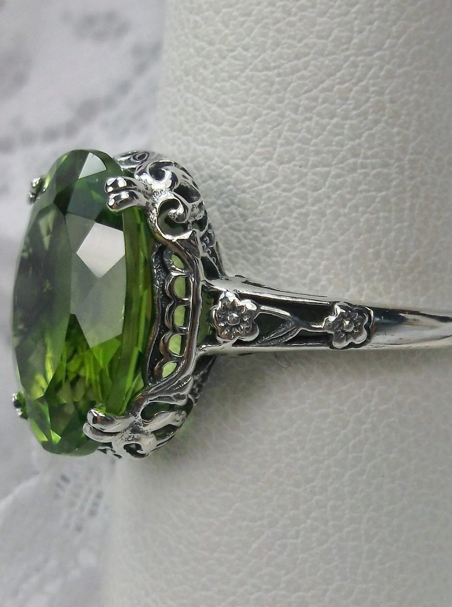 Natural Peridot Ring, 10k white Gold, Edwardian Revival Jewelry #D70