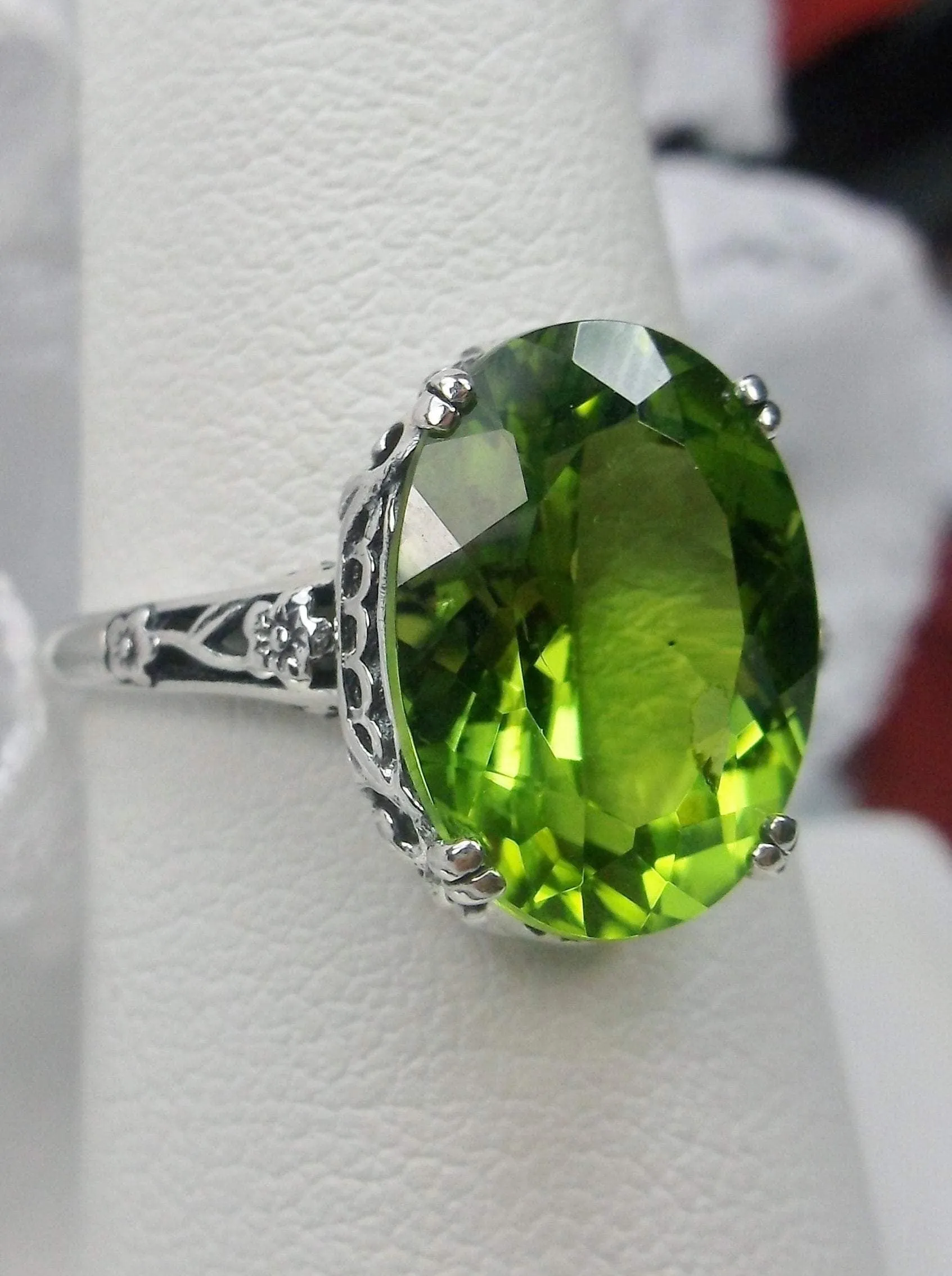 Natural Peridot Ring, 10k white Gold, Edwardian Revival Jewelry #D70