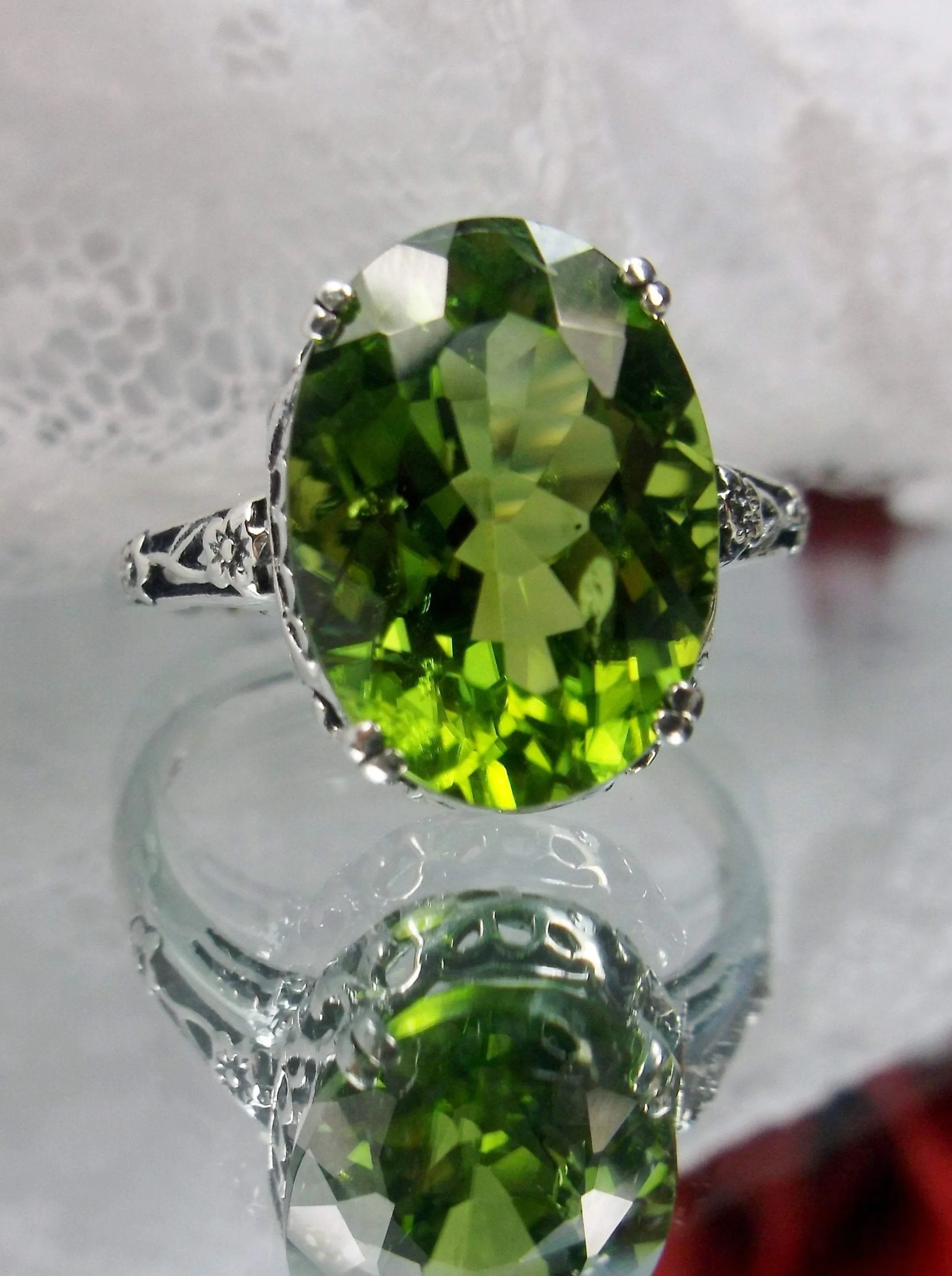 Natural Peridot Ring, 10k white Gold, Edwardian Revival Jewelry #D70