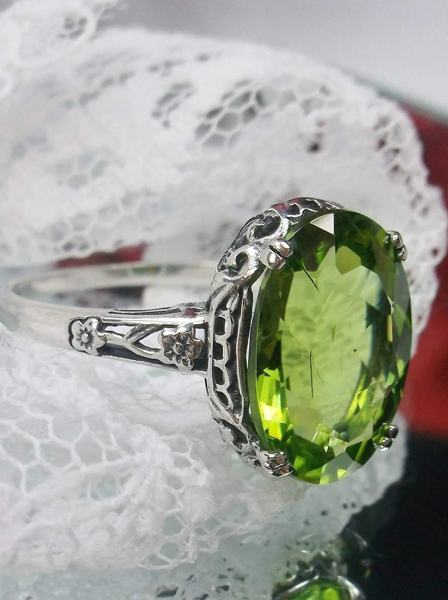 Natural Peridot Ring, 10k white Gold, Edwardian Revival Jewelry #D70