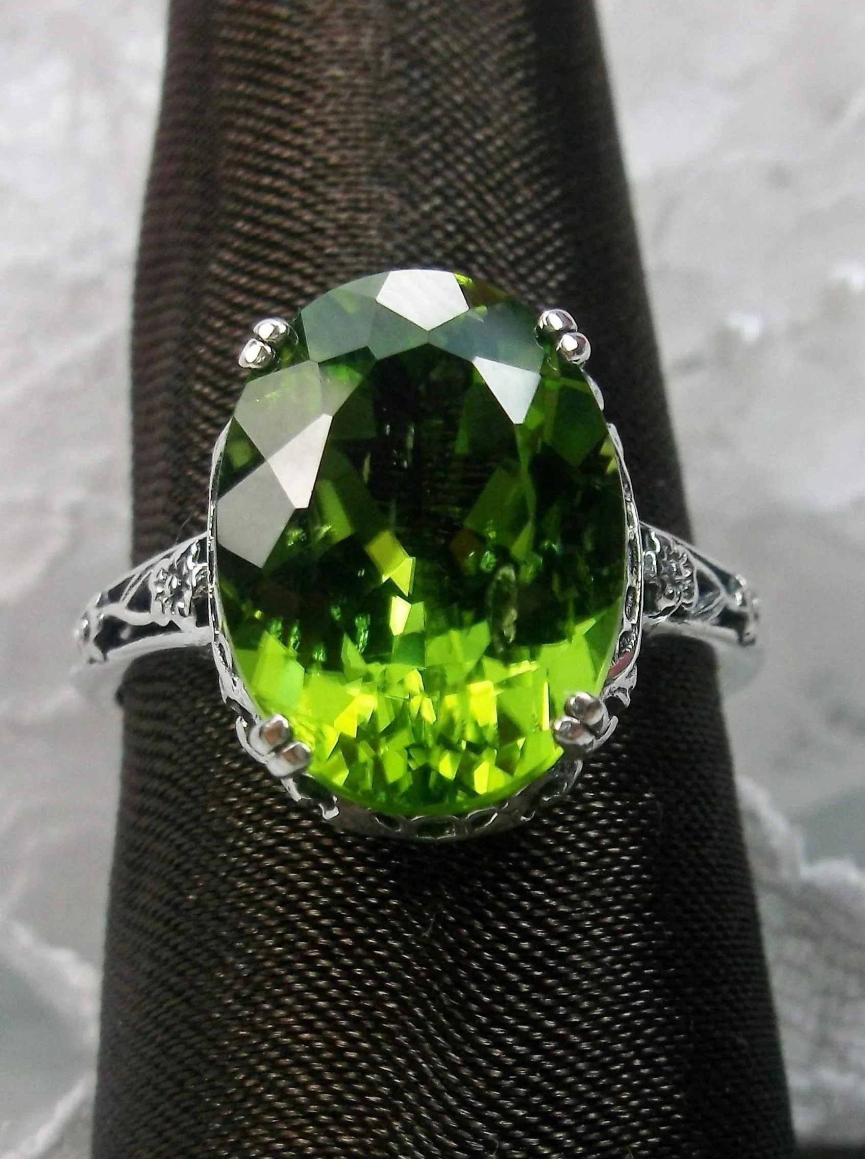 Natural Peridot Ring, 10k white Gold, Edwardian Revival Jewelry #D70