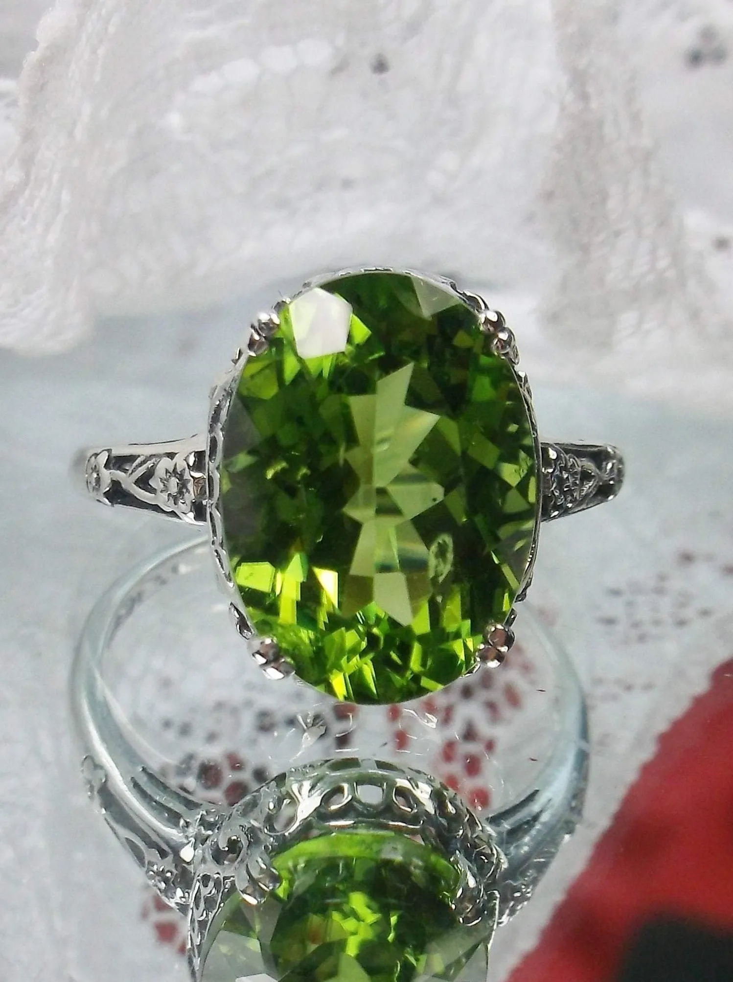 Natural Peridot Ring, Edwardian Revival Jewelry #D70