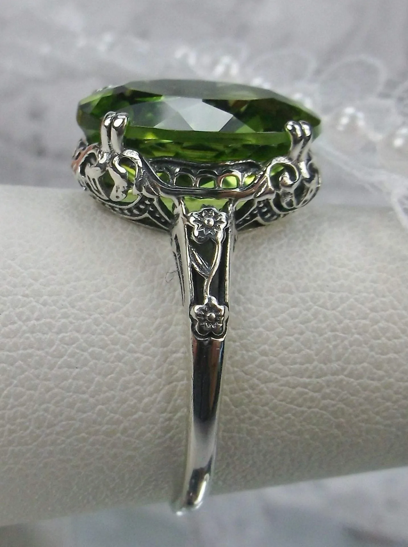 Natural Peridot Ring, Edwardian Revival Jewelry #D70