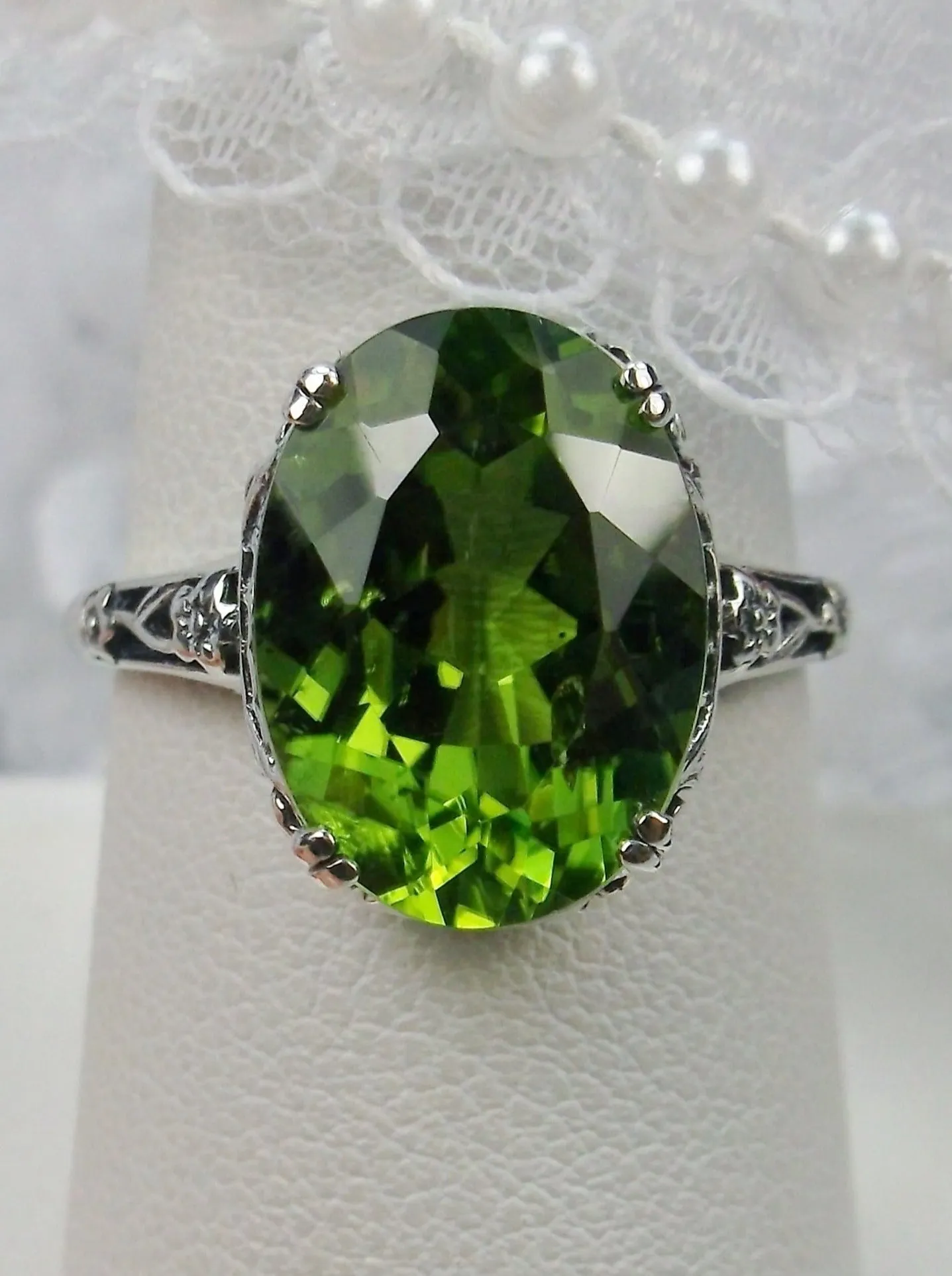 Natural Peridot Ring, Edwardian Revival Jewelry #D70