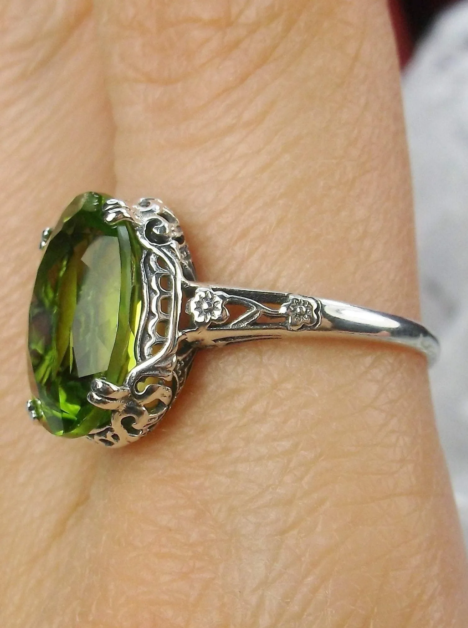 Natural Peridot Ring, Edwardian Revival Jewelry #D70