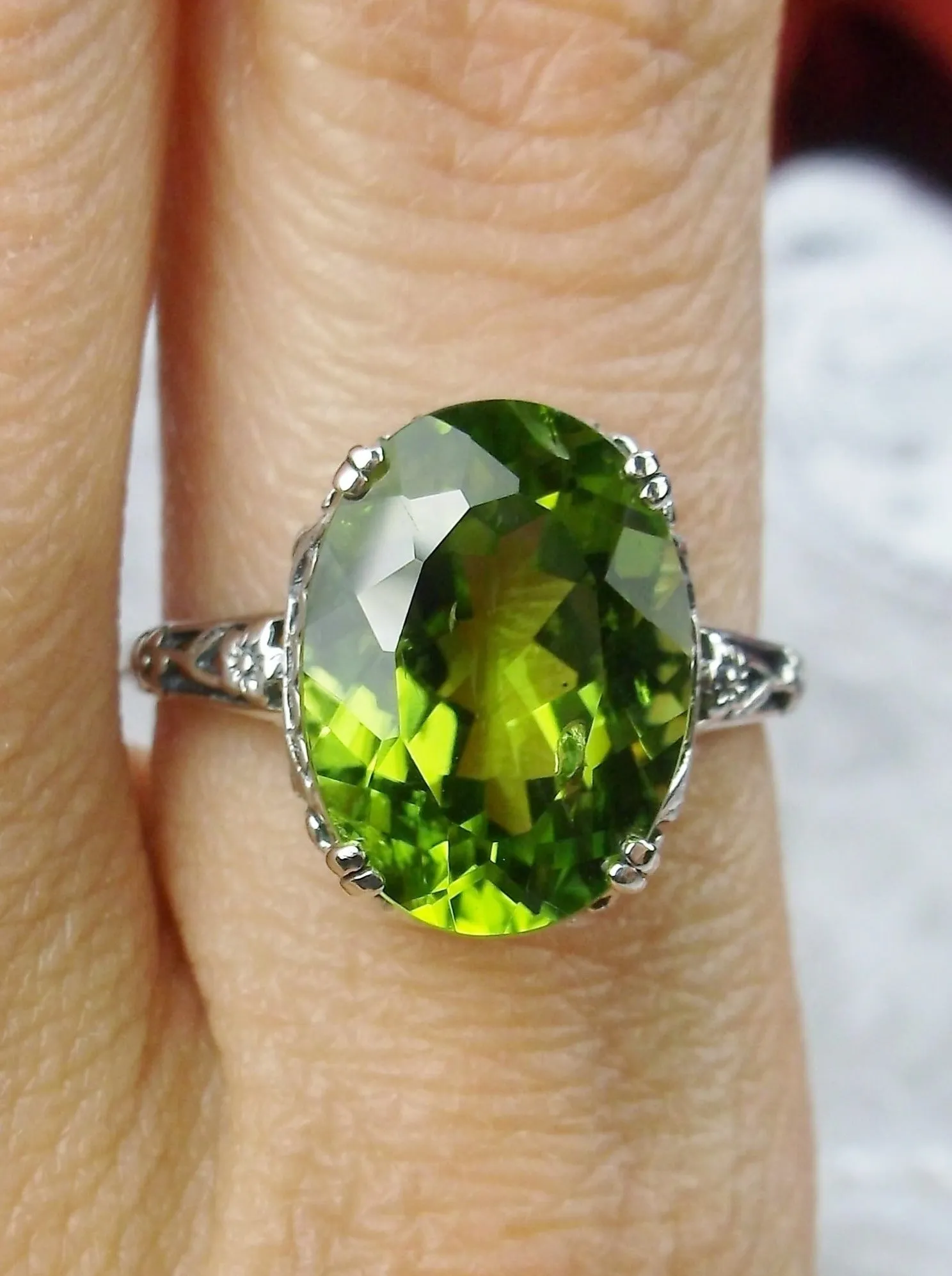 Natural Peridot Ring, Edwardian Revival Jewelry #D70