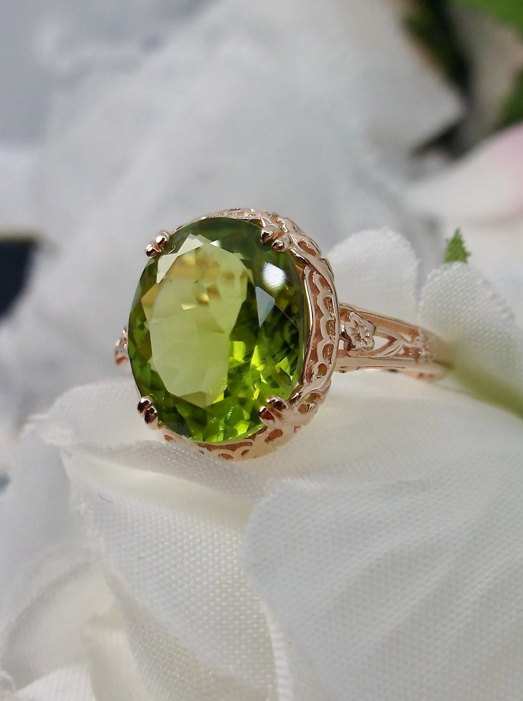 Natural Peridot Ring, Rose Gold plated, Edwardian Jewelry #D70z