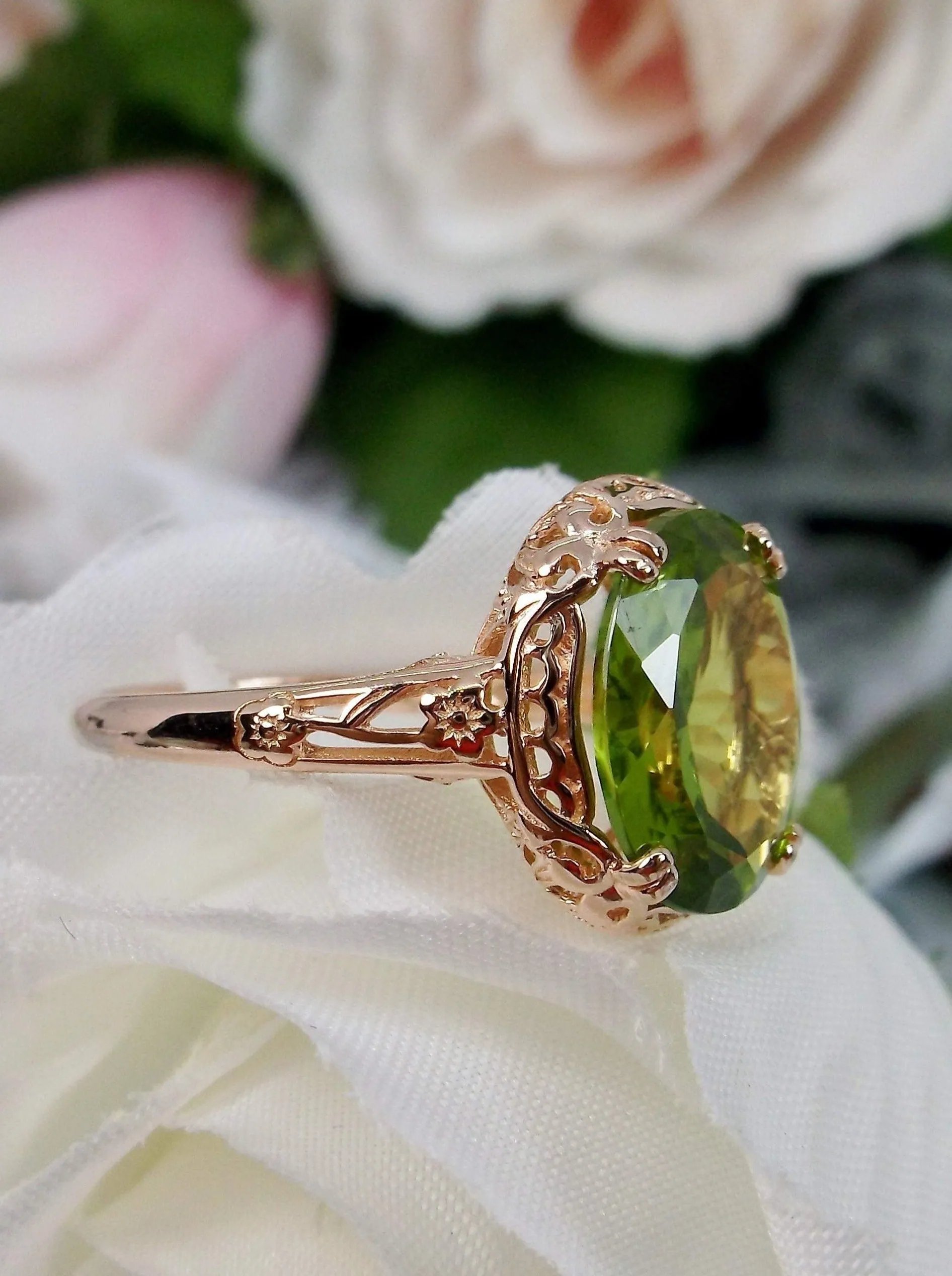 Natural Peridot Ring, Rose Gold plated, Edwardian Jewelry #D70z