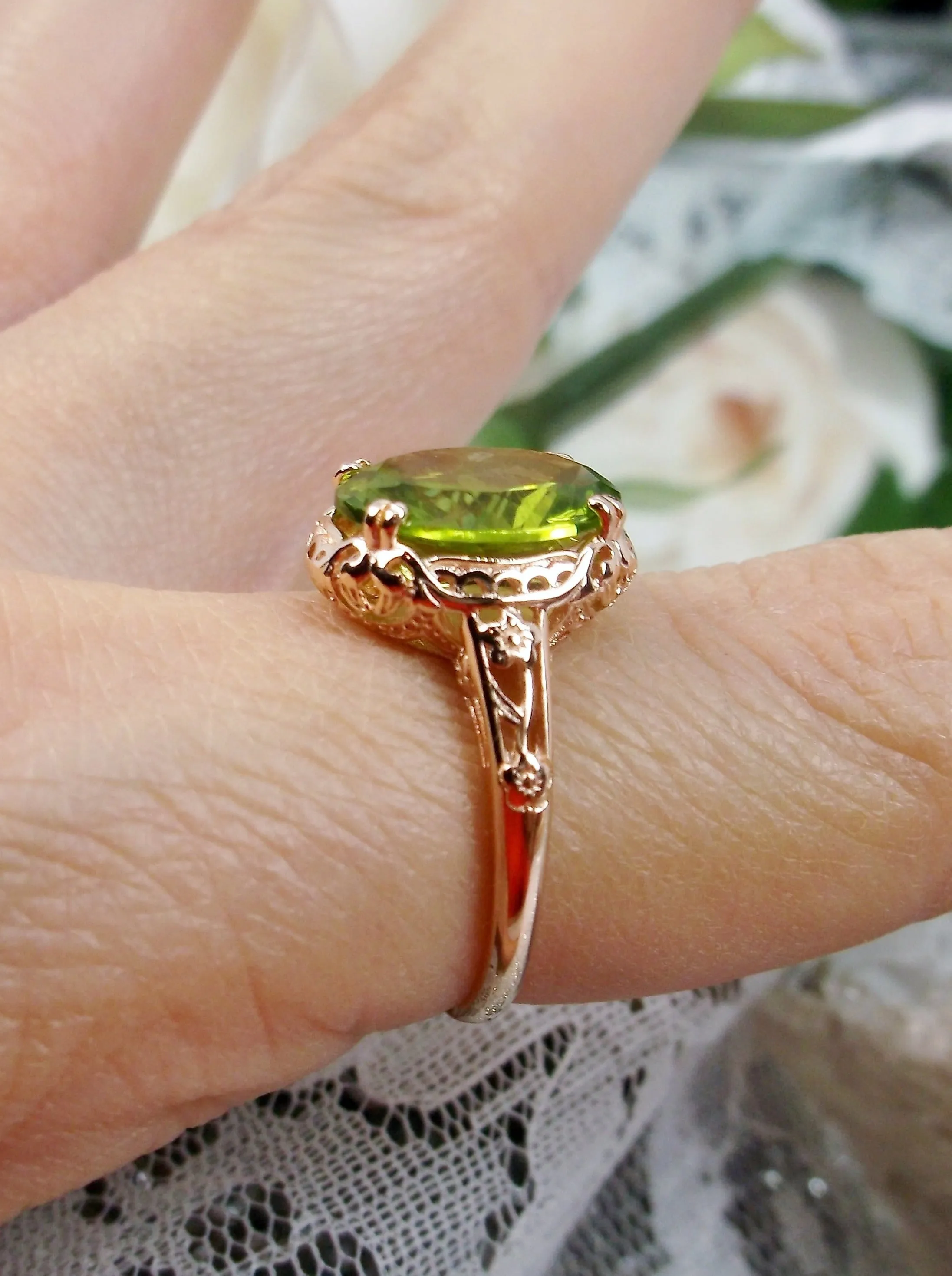 Natural Peridot Ring, Rose Gold plated, Edwardian Jewelry #D70z