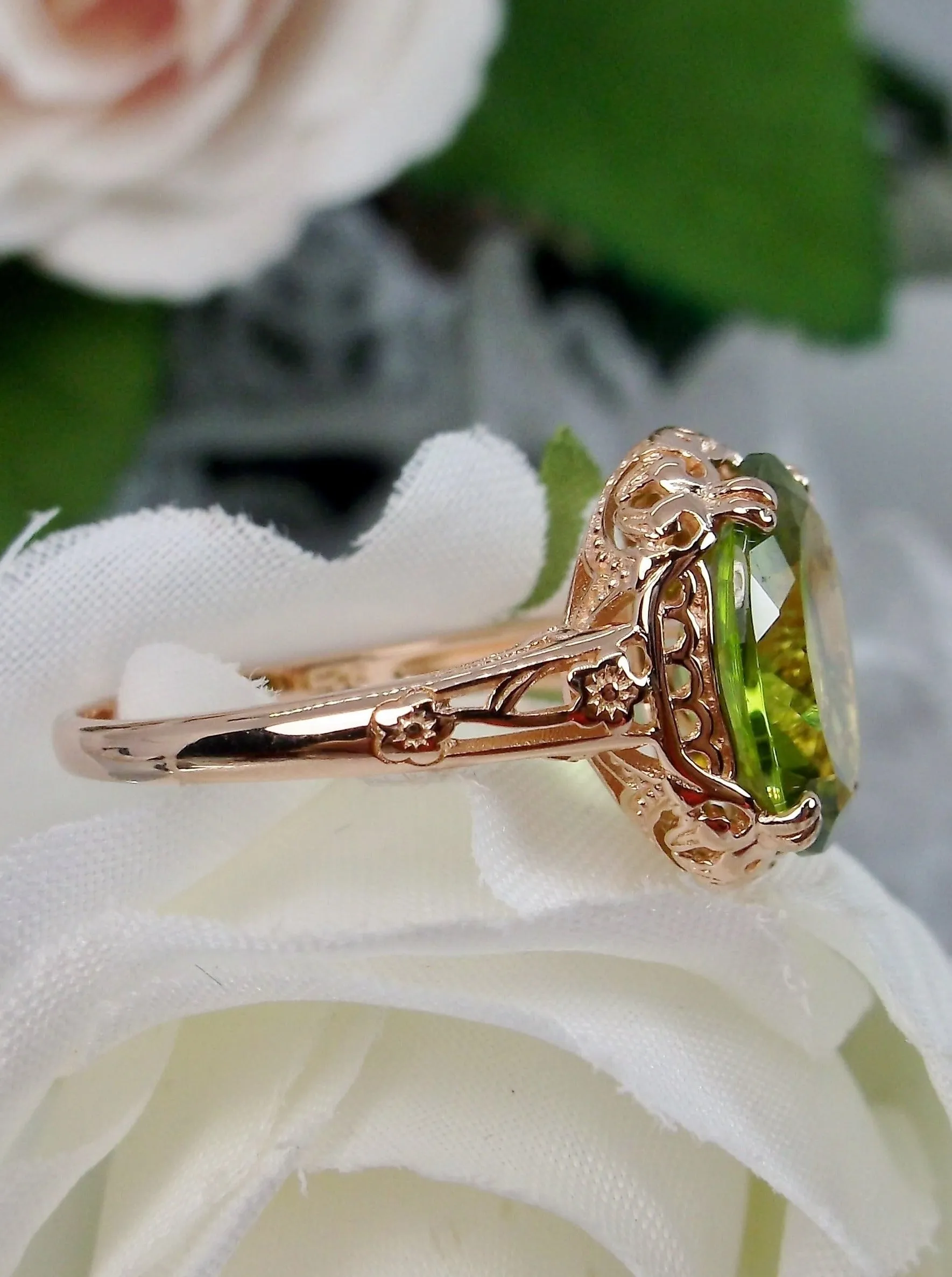 Natural Peridot Ring, Rose Gold plated, Edwardian Jewelry #D70z