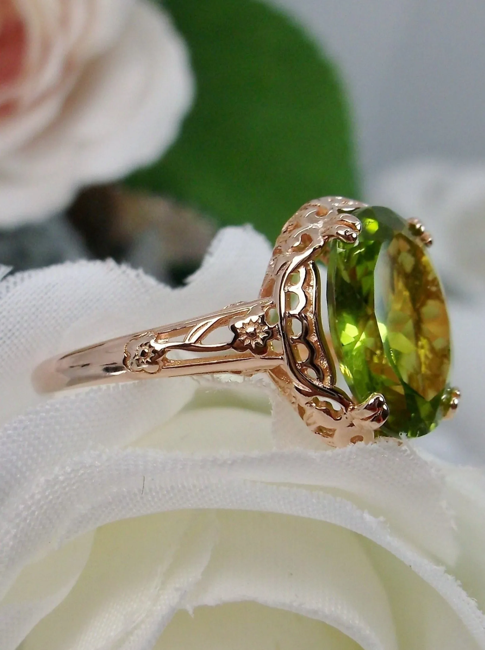 Natural Peridot Ring, Rose Gold plated, Edwardian Jewelry #D70z
