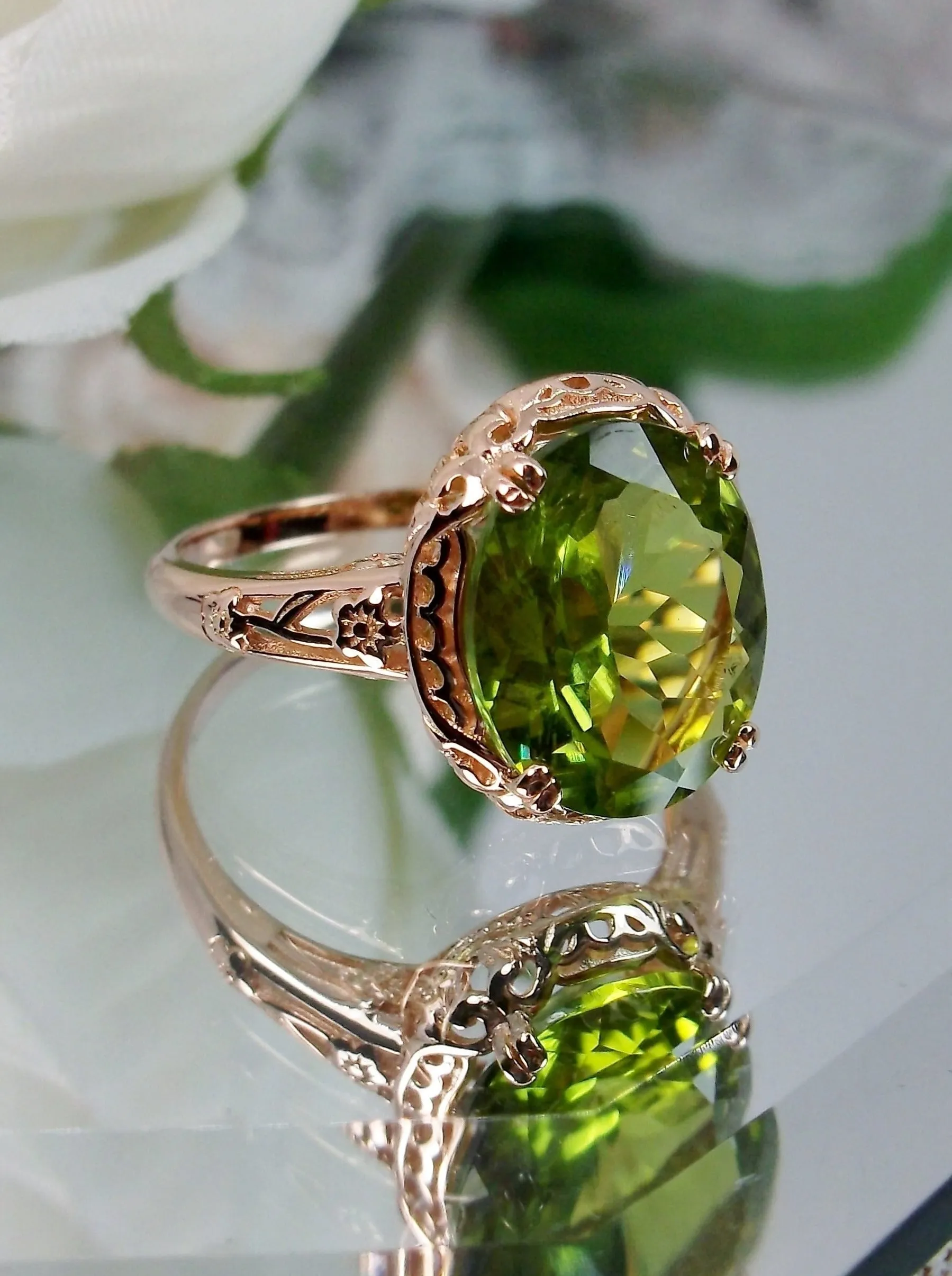 Natural Peridot Ring, Rose Gold plated, Edwardian Jewelry #D70z