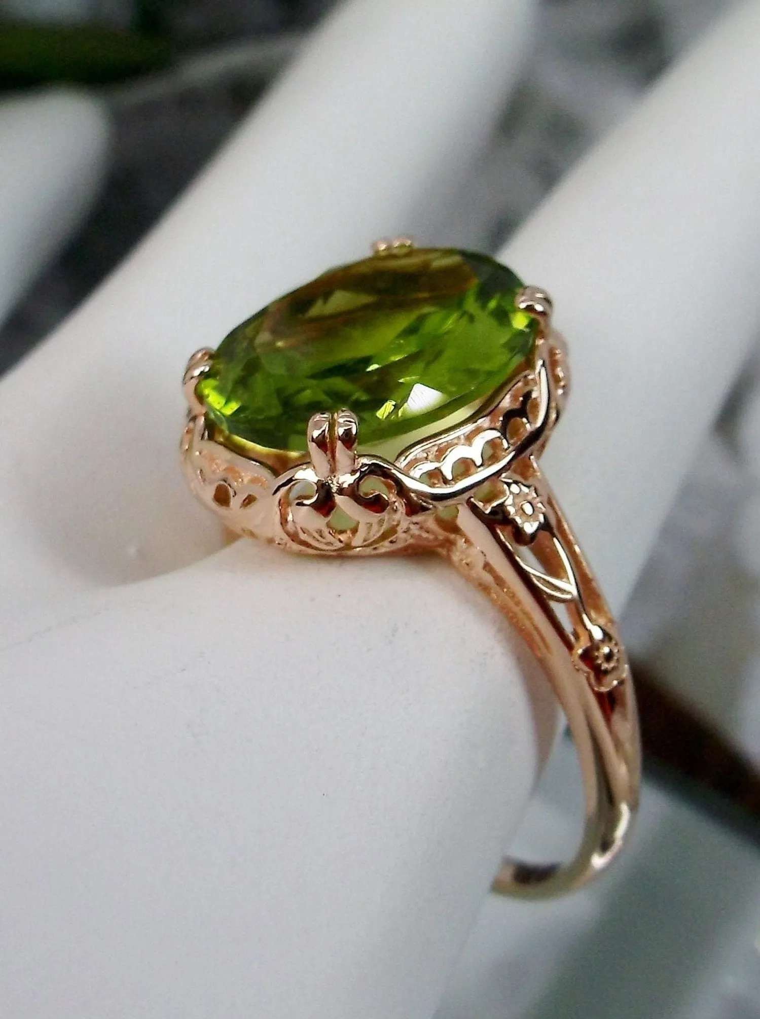 Natural Peridot Ring, Rose Gold plated, Edwardian Jewelry #D70z