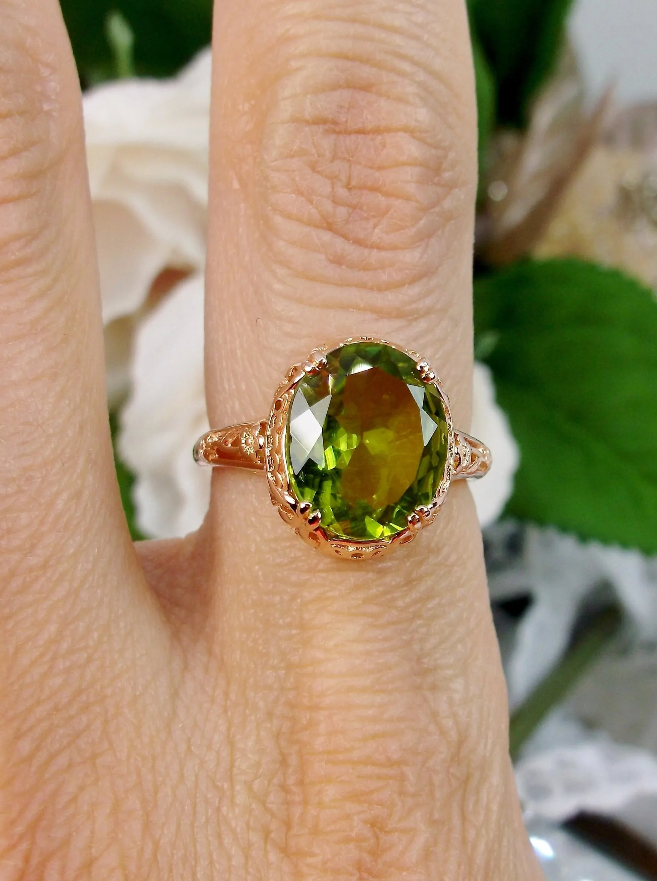 Natural Peridot Ring, Rose Gold plated, Edwardian Jewelry #D70z