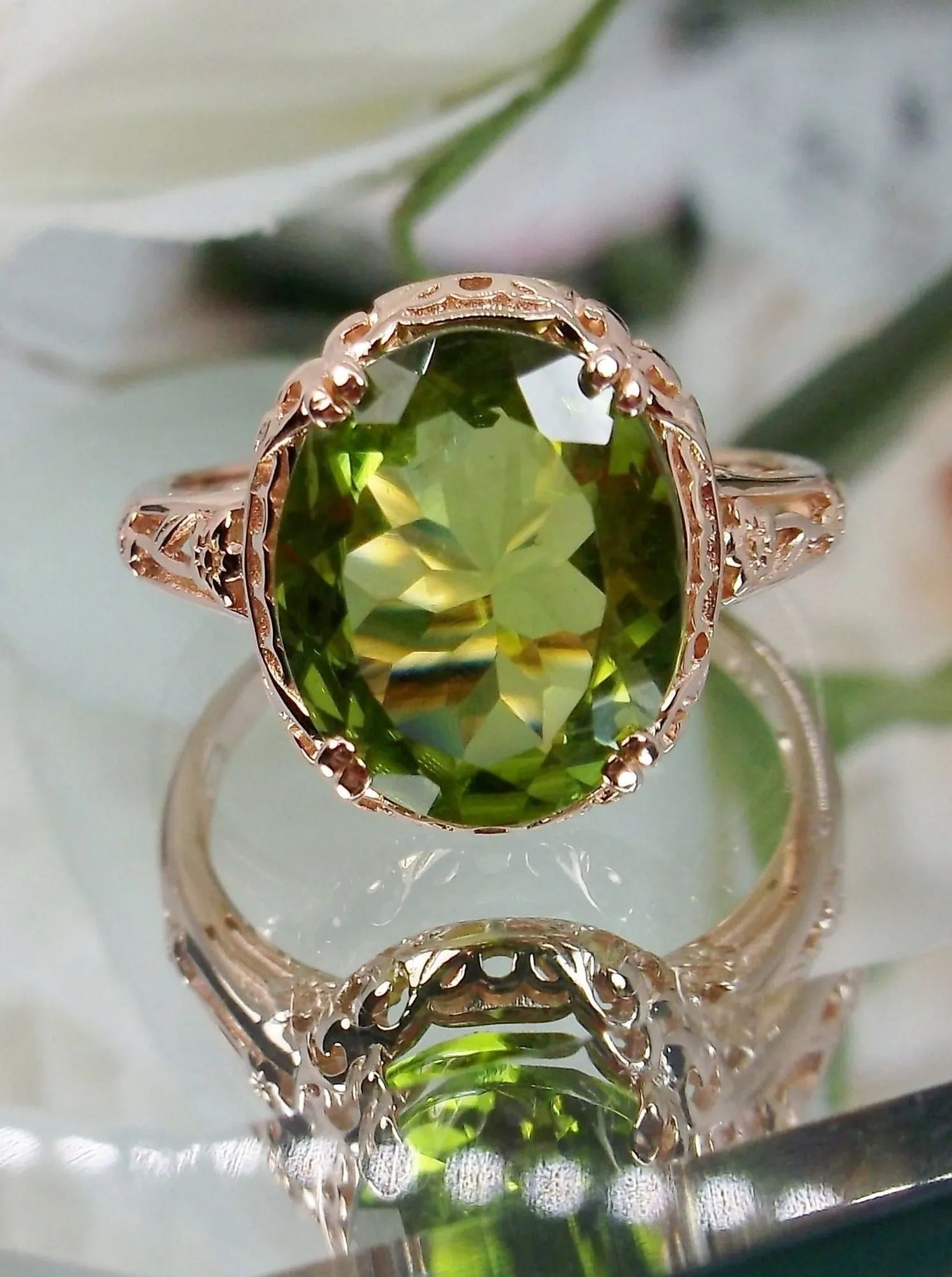 Natural Peridot Ring, Rose Gold plated, Edwardian Jewelry #D70z