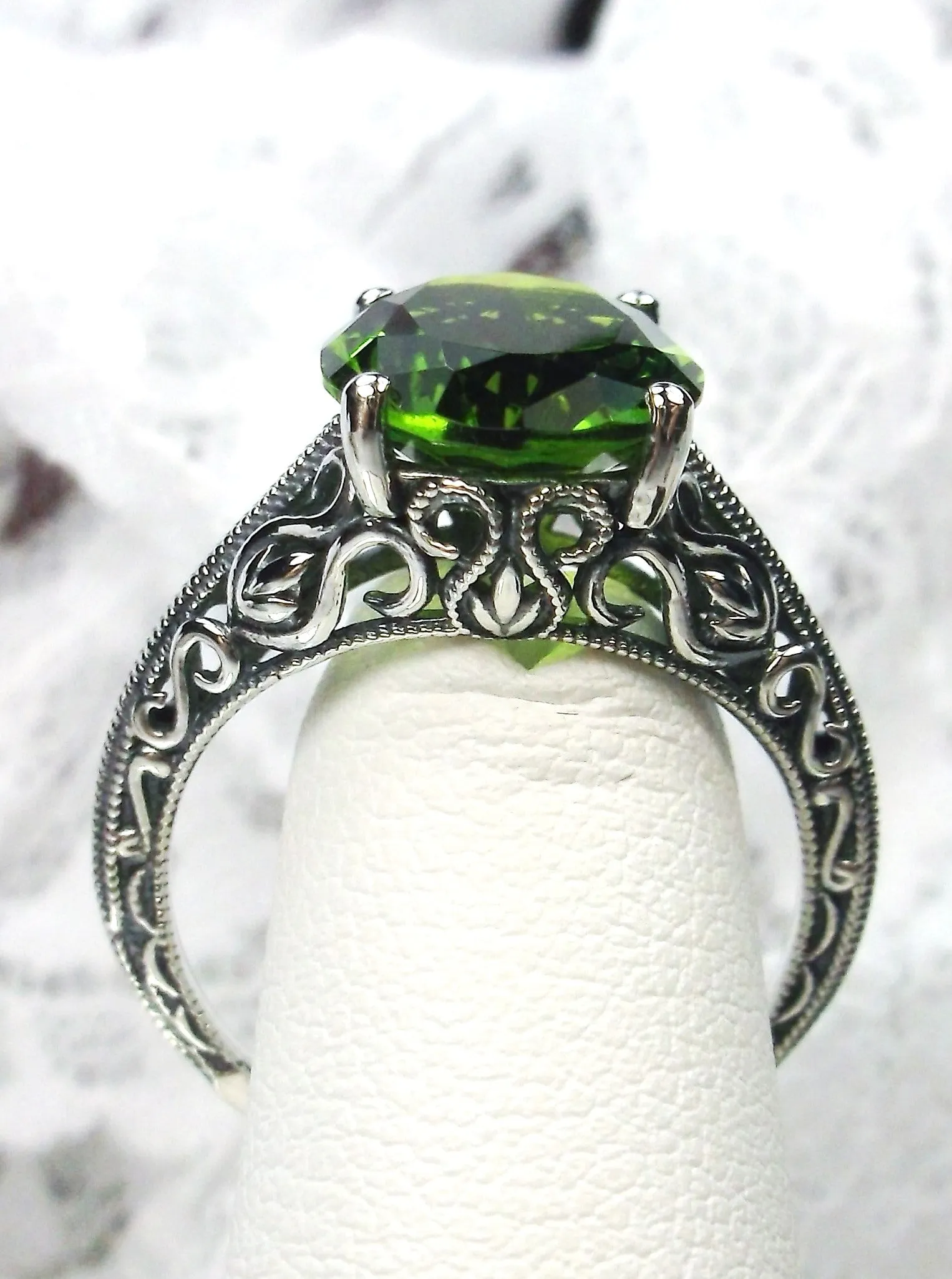 Natural Peridot Ring, Swan Filigree, Art Deco Jewelry #D190