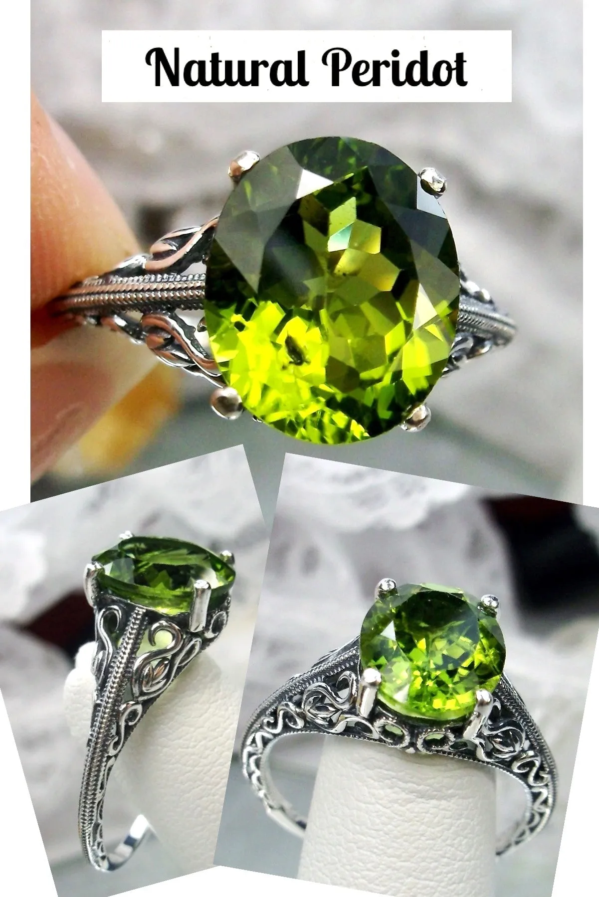 Natural Peridot Ring, Swan Filigree, Art Deco Jewelry #D190