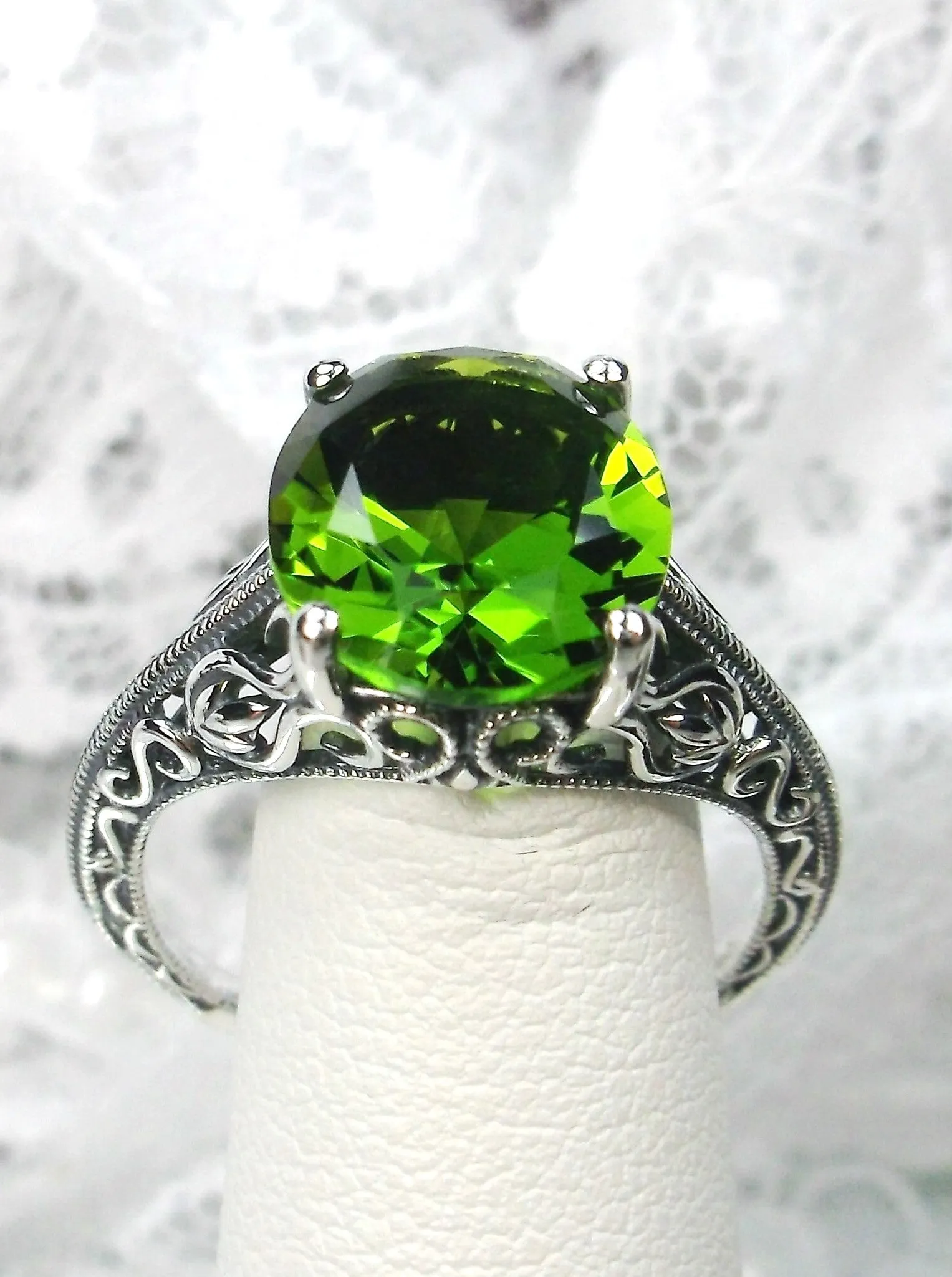 Natural Peridot Ring, Swan Filigree, Art Deco Jewelry #D190