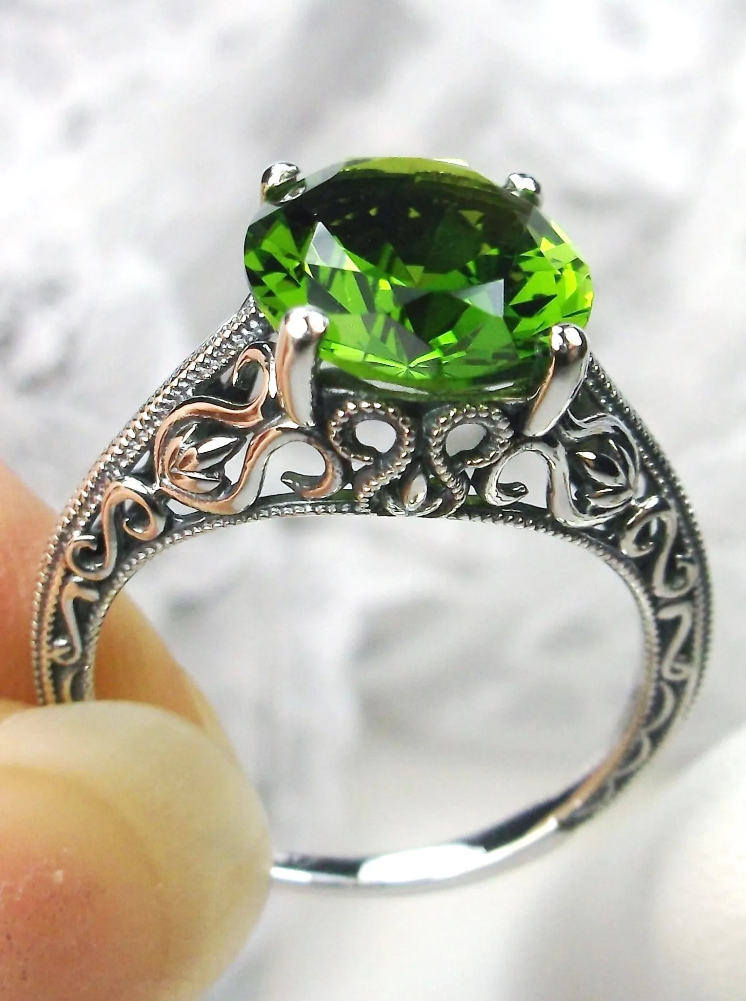 Natural Peridot Ring, Swan Filigree, Art Deco Jewelry #D190