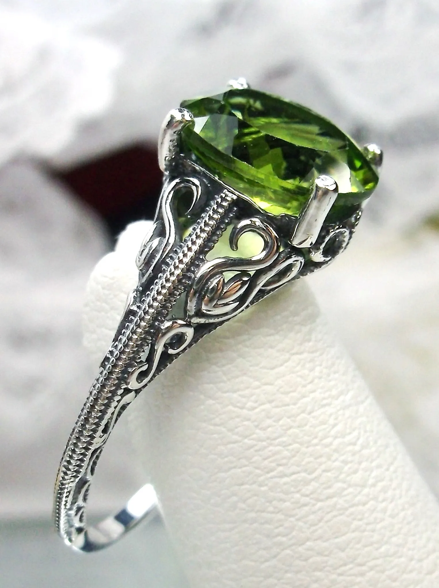 Natural Peridot Ring, Swan Filigree, Art Deco Jewelry #D190