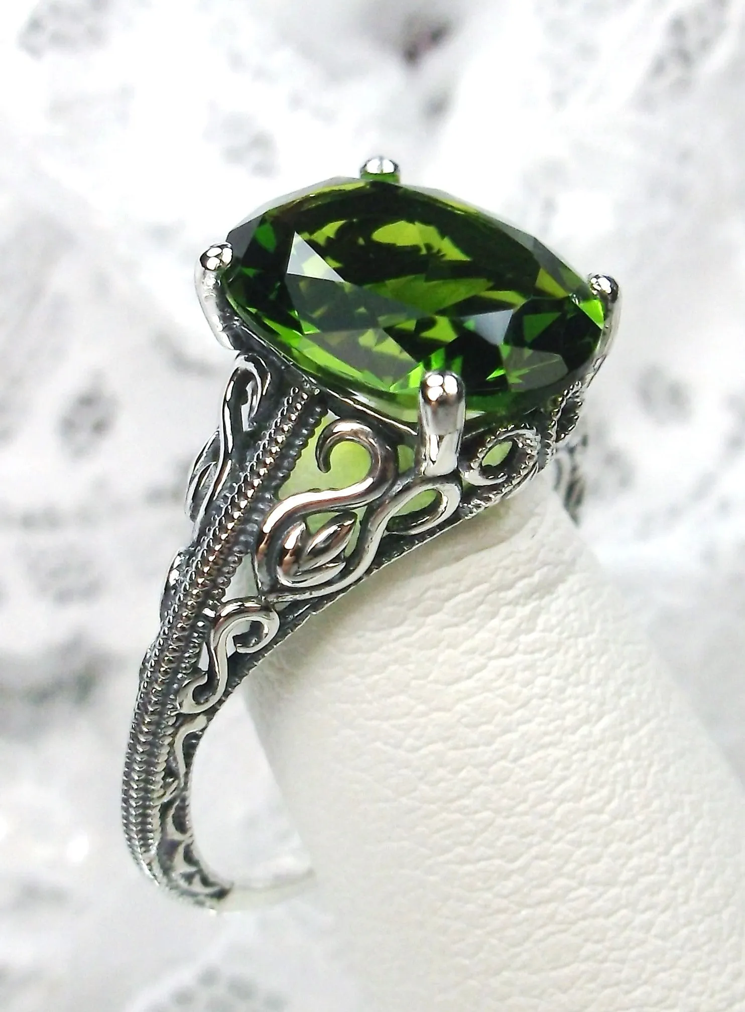 Natural Peridot Ring, Swan Filigree, Art Deco Jewelry #D190