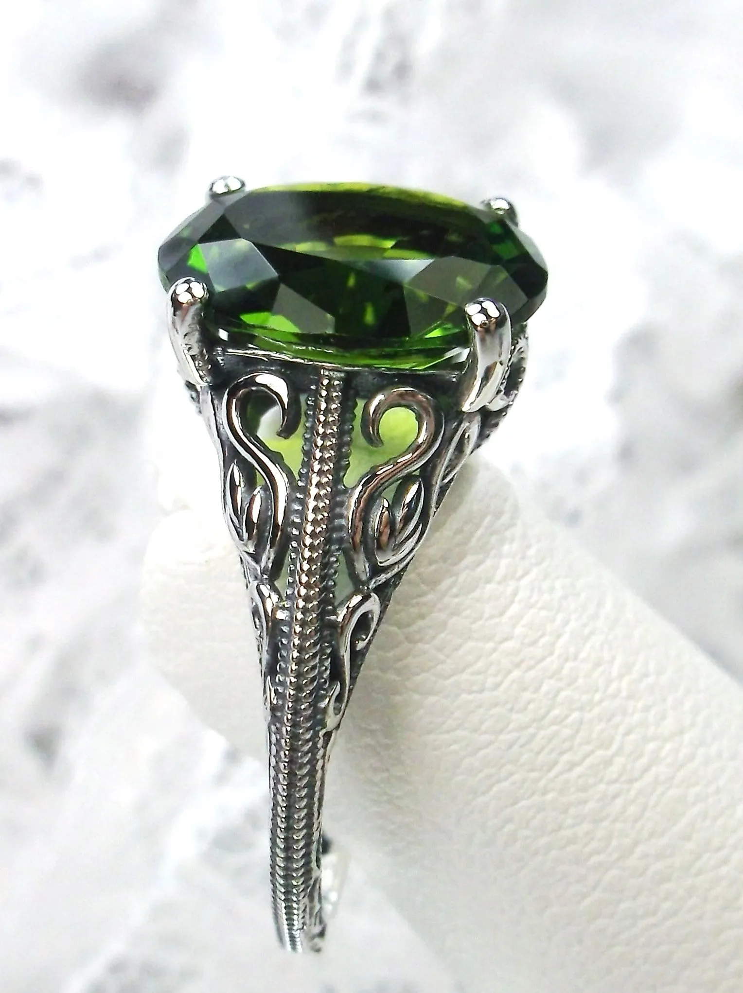 Natural Peridot Ring, Swan Filigree, Art Deco Jewelry #D190