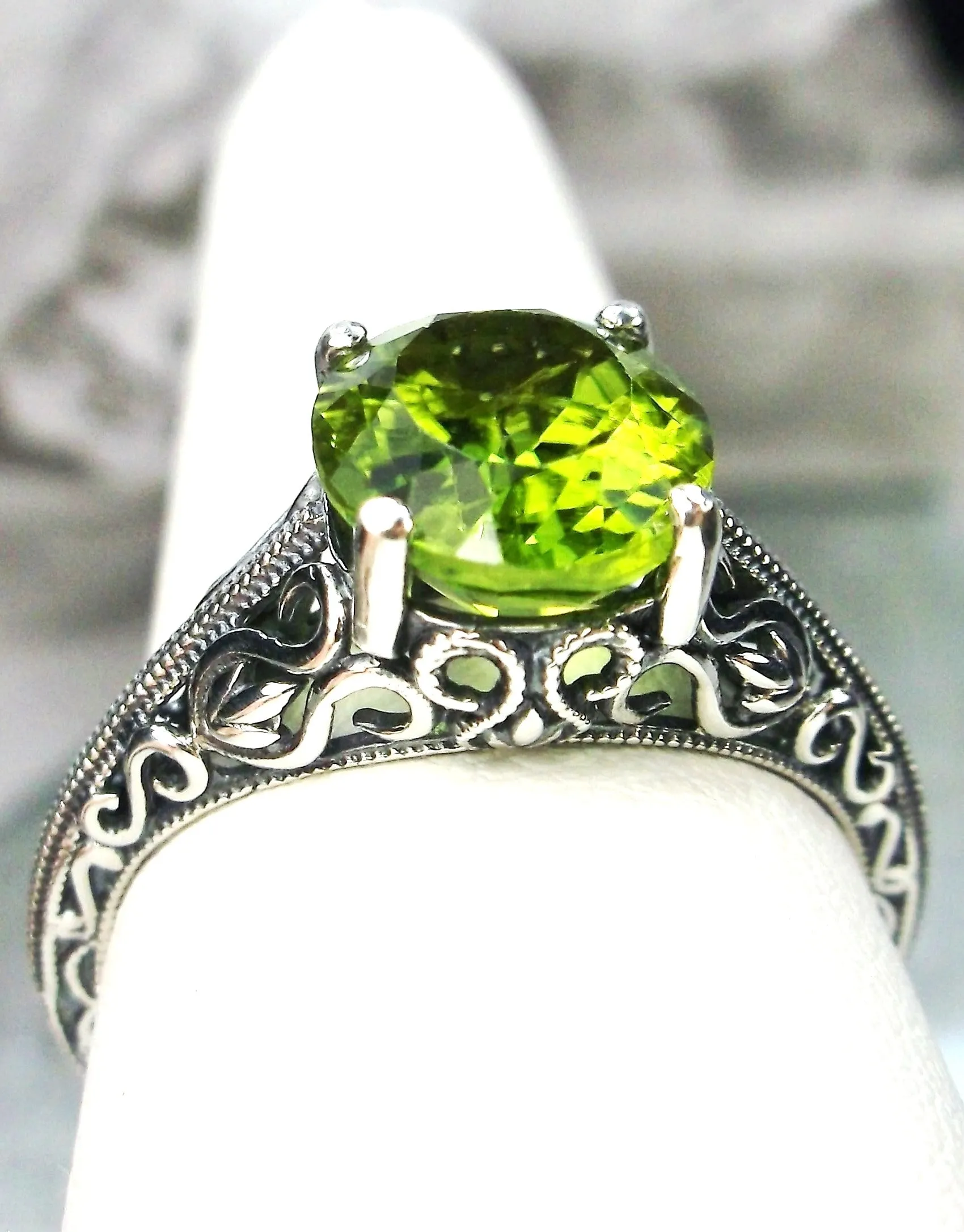 Natural Peridot Ring, Swan Filigree, Art Deco Jewelry #D190