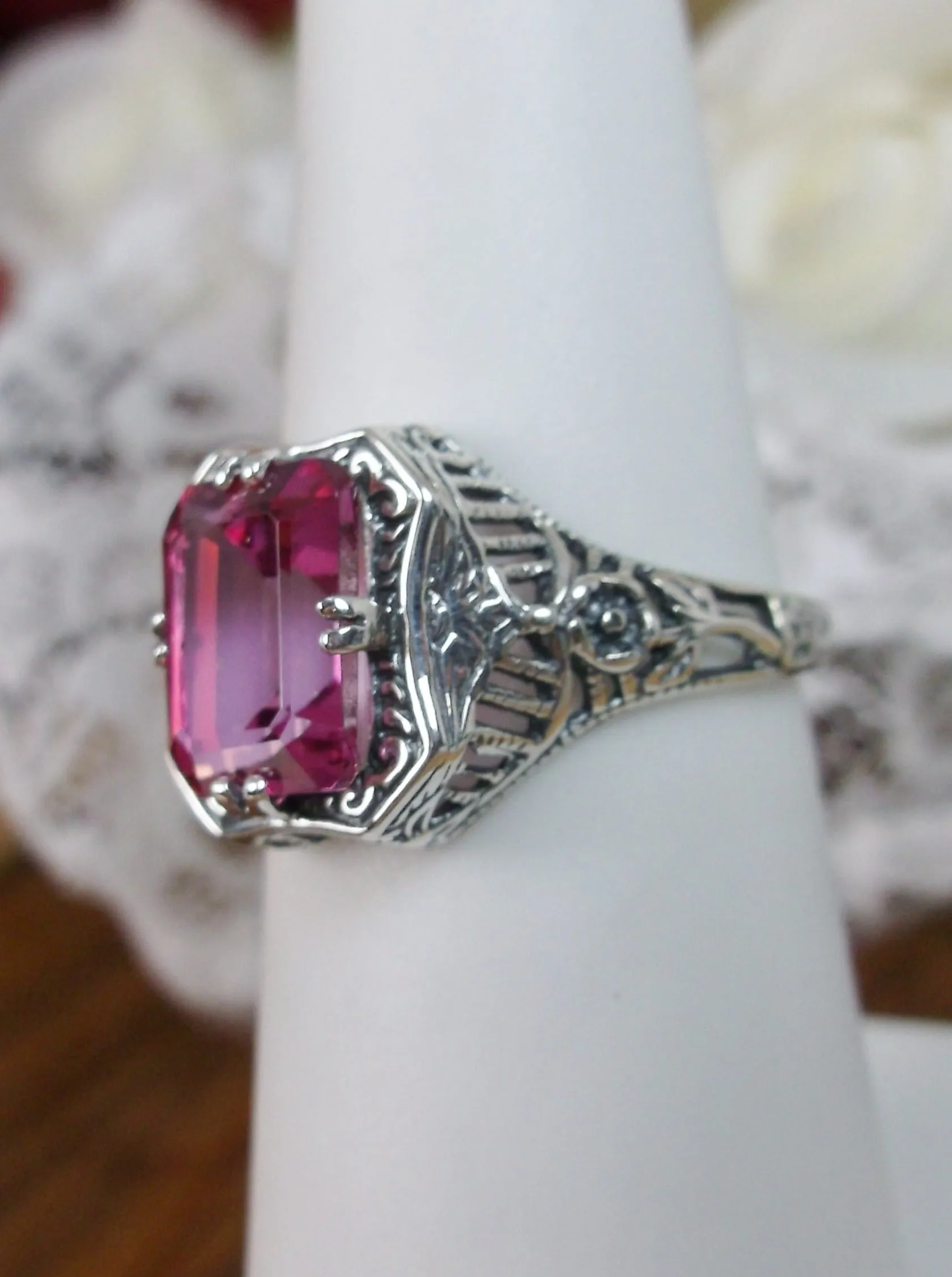 Natural Pink Topaz Ring, Lovely Rectangle Edwardian Jewelry #D148