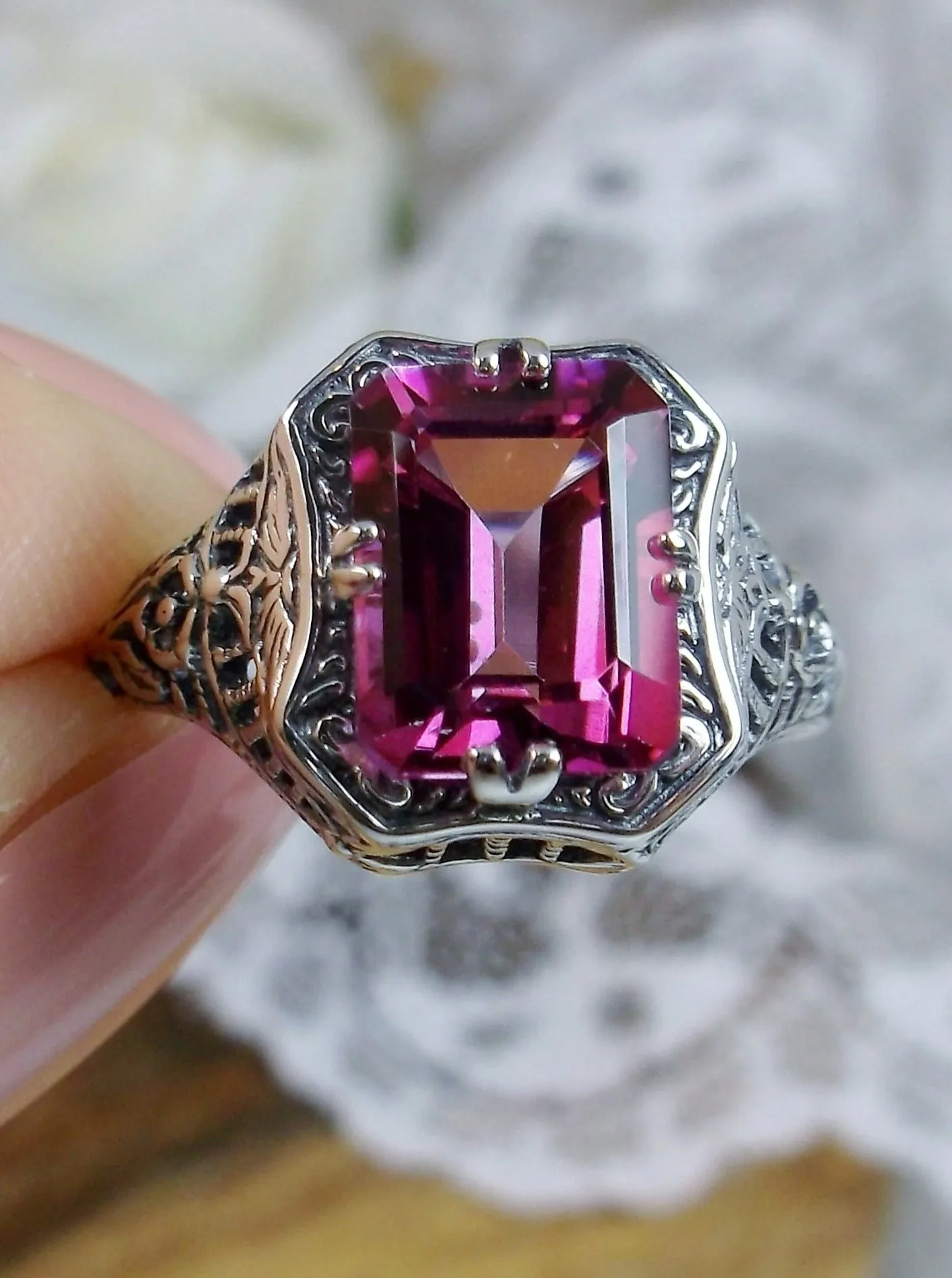Natural Pink Topaz Ring, Lovely Rectangle Edwardian Jewelry #D148