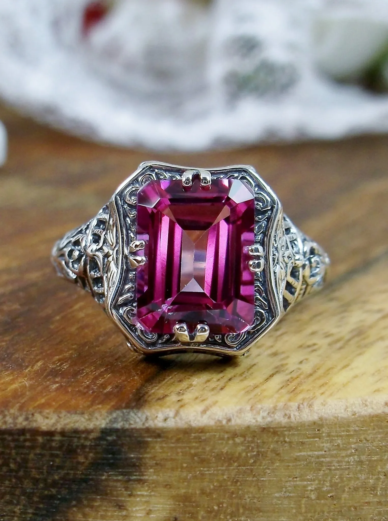 Natural Pink Topaz Ring, Lovely Rectangle Edwardian Jewelry #D148
