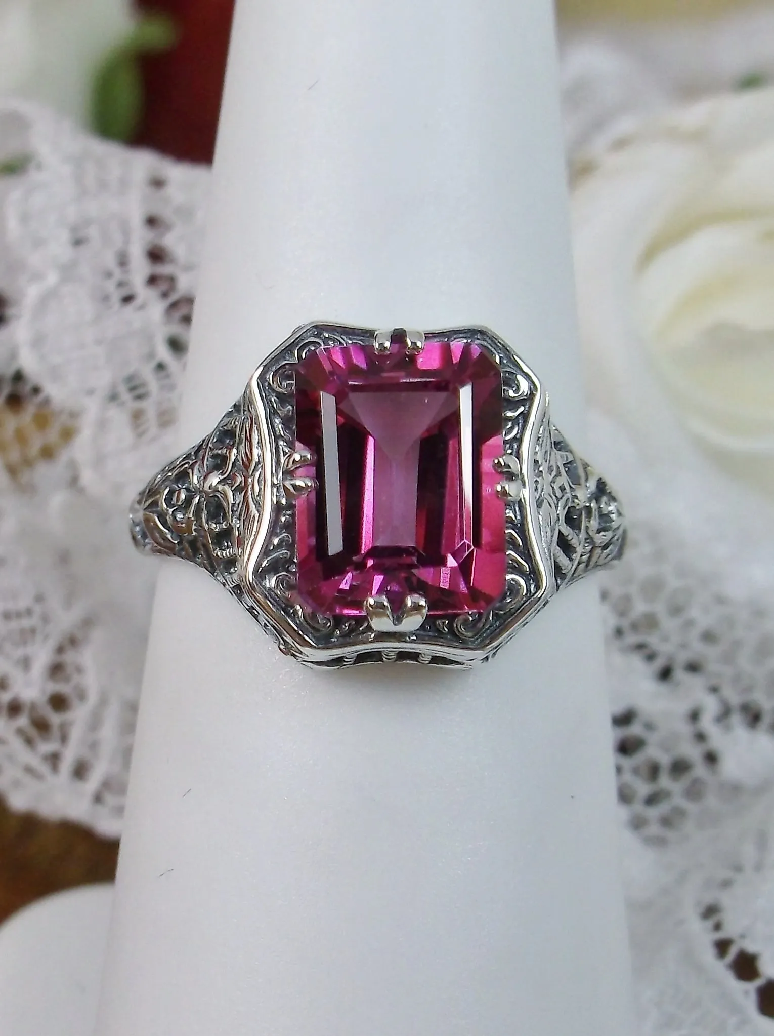 Natural Pink Topaz Ring, Lovely Rectangle Edwardian Jewelry #D148
