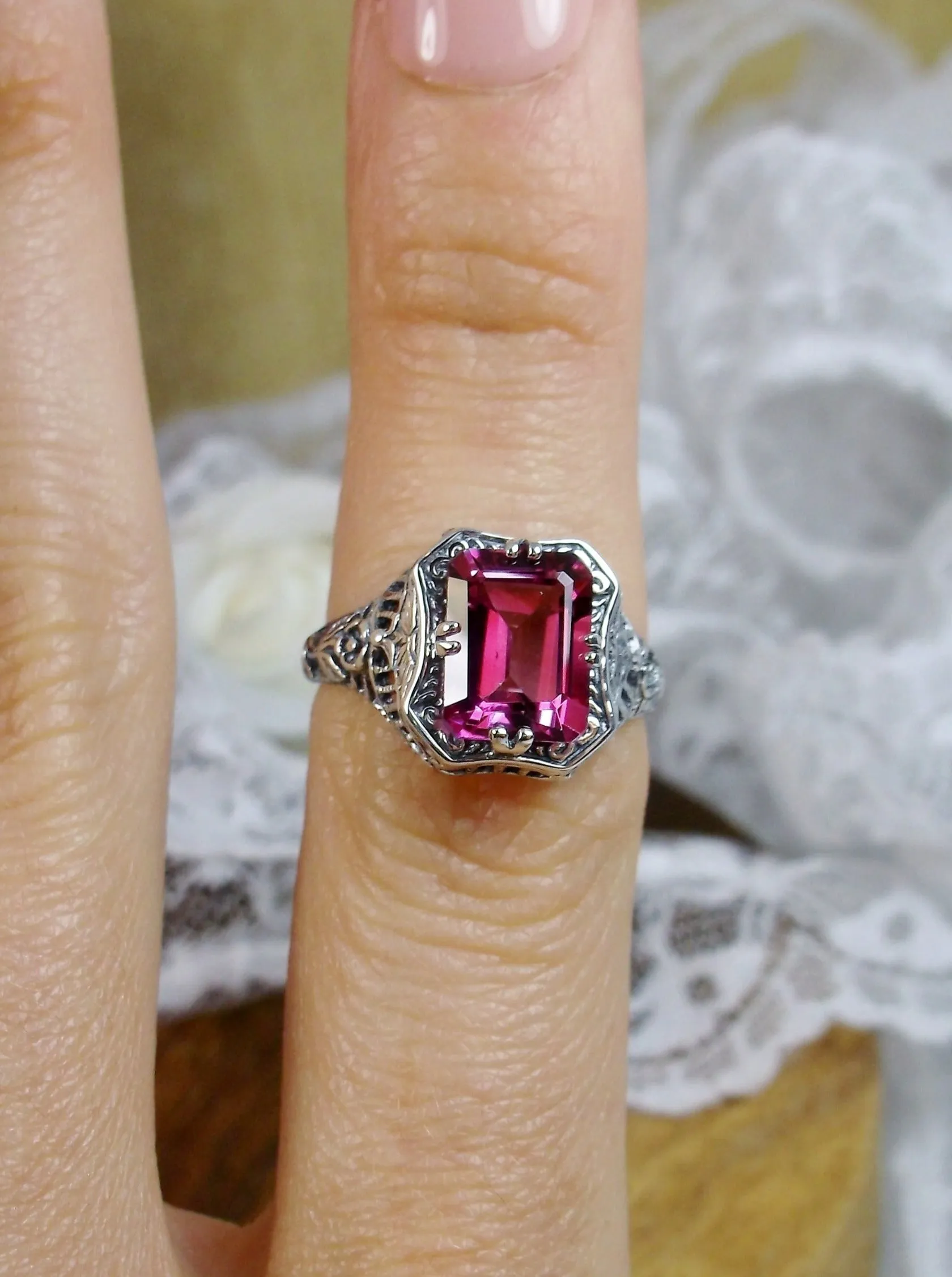 Natural Pink Topaz Ring, Lovely Rectangle Edwardian Jewelry #D148