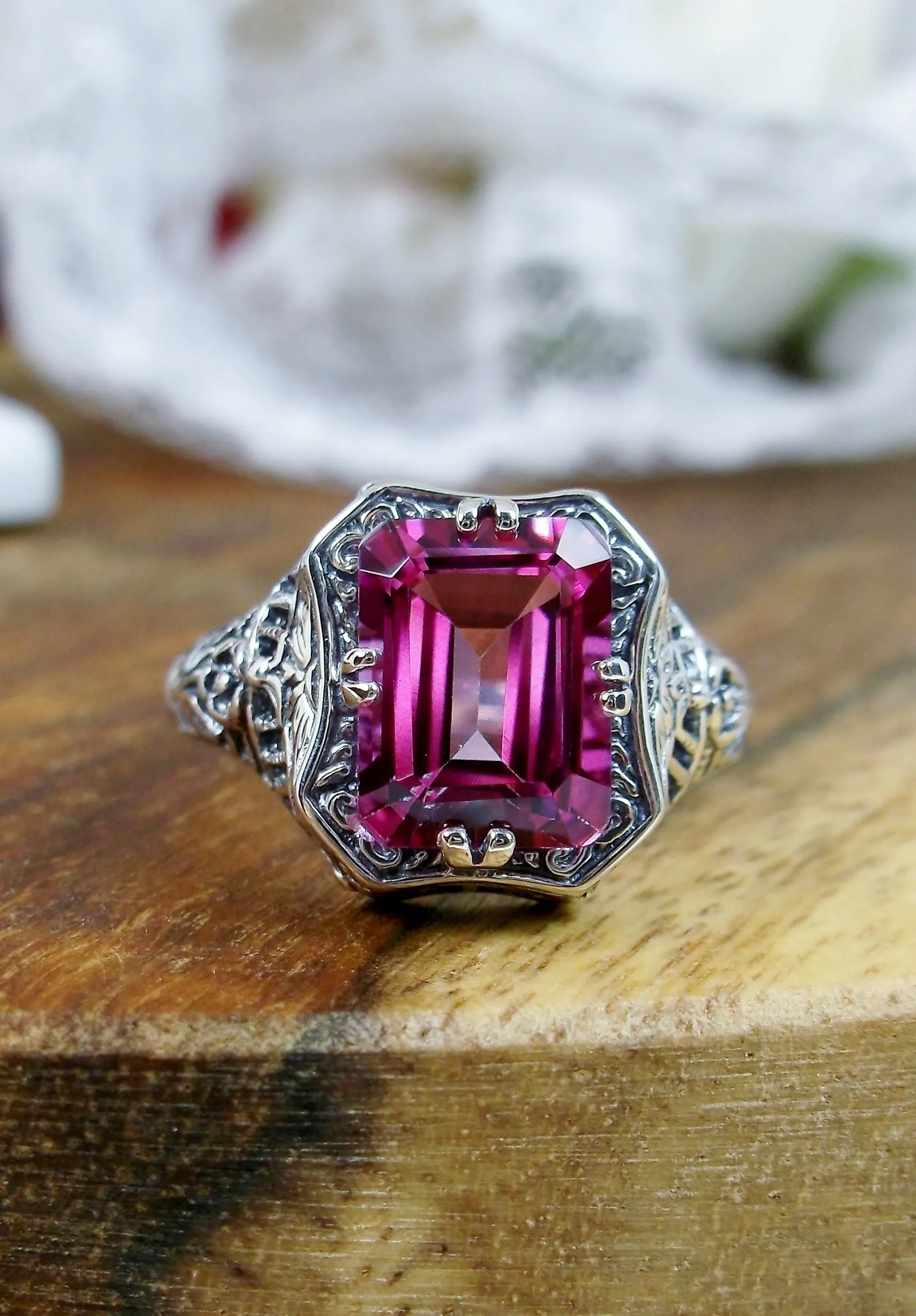 Natural Pink Topaz Ring, Lovely Rectangle Edwardian Jewelry #D148
