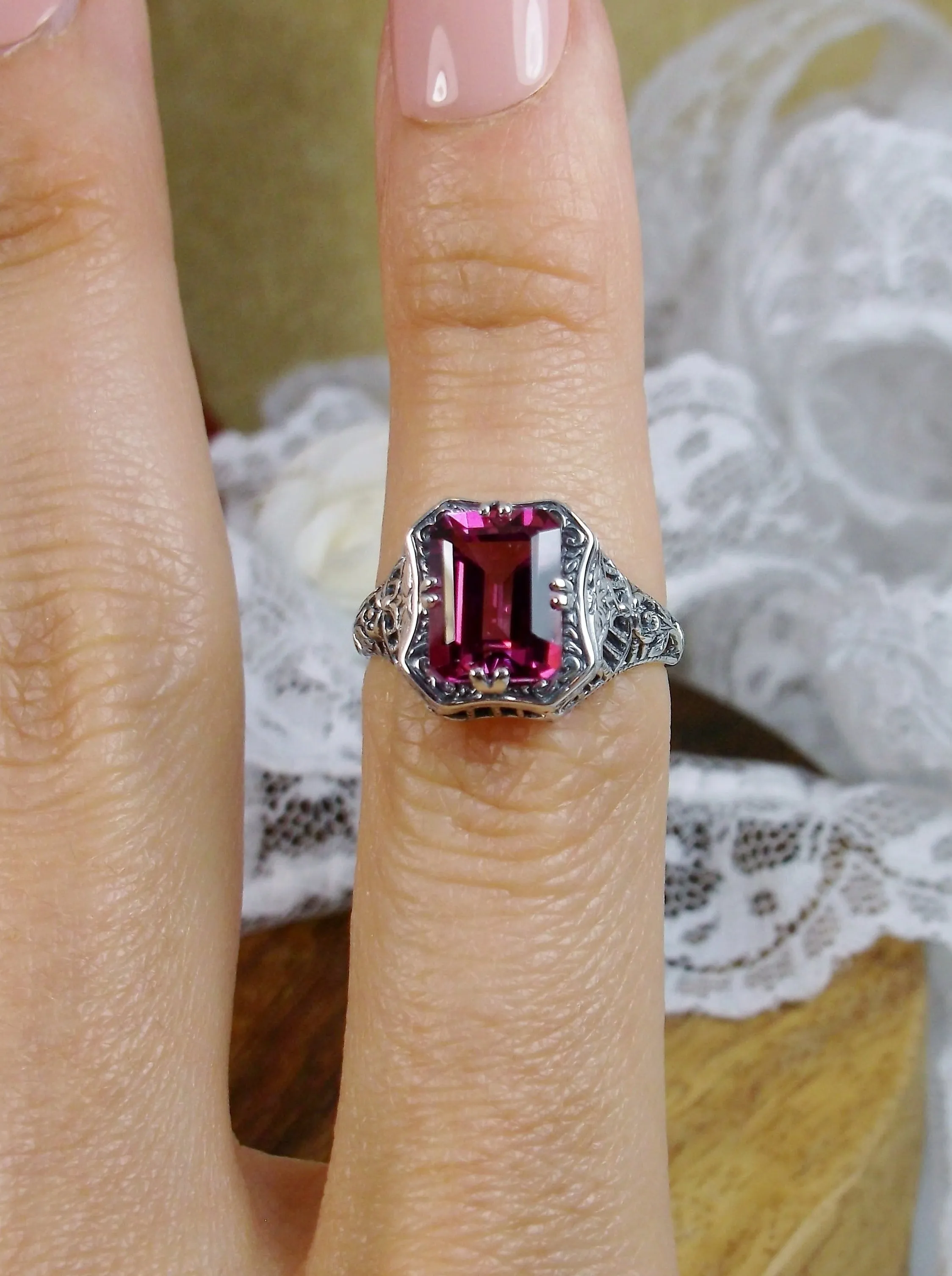 Natural Pink Topaz Ring, Lovely Rectangle Edwardian Jewelry #D148