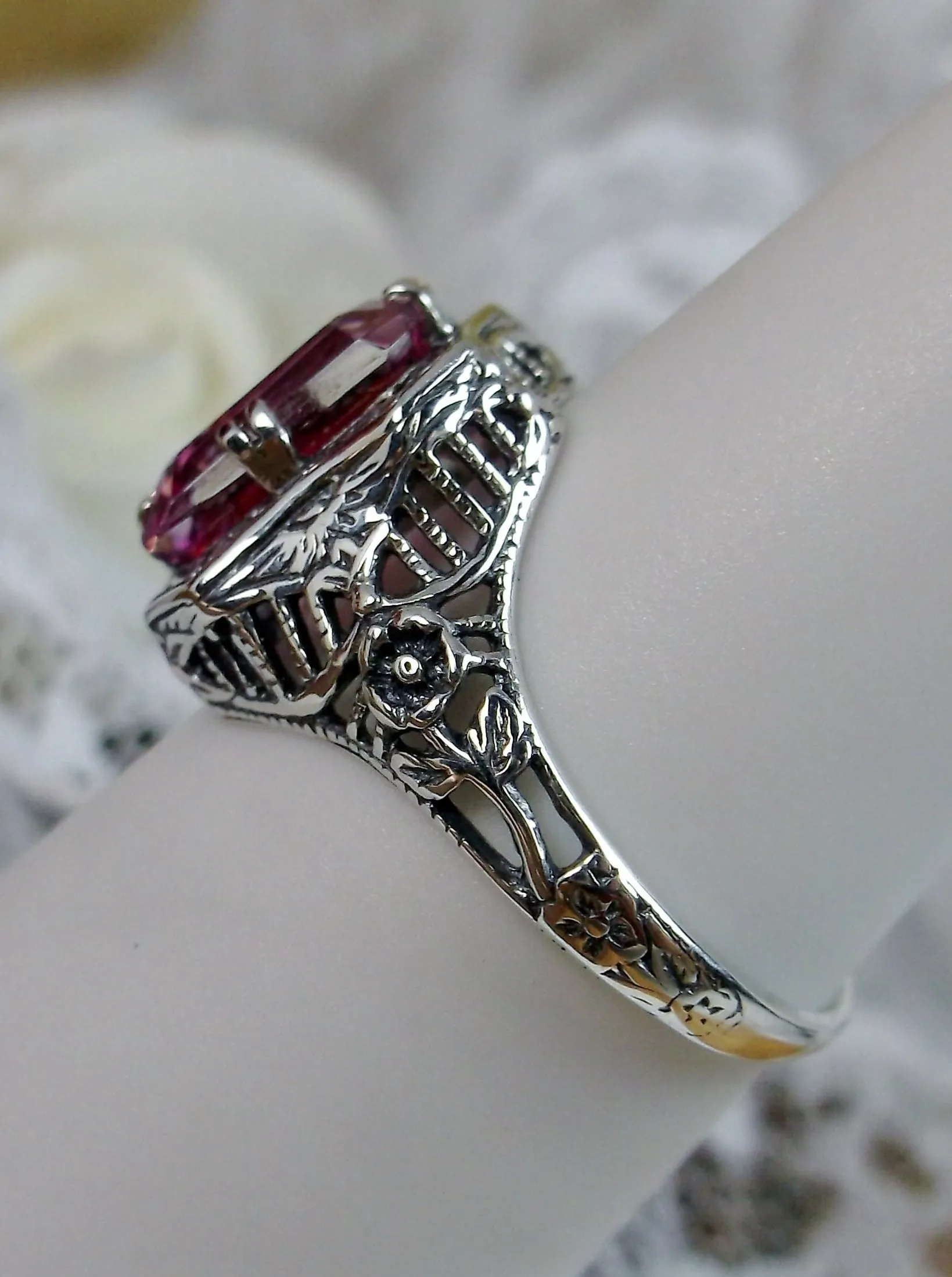 Natural Pink Topaz Ring, Lovely Rectangle Edwardian Jewelry #D148