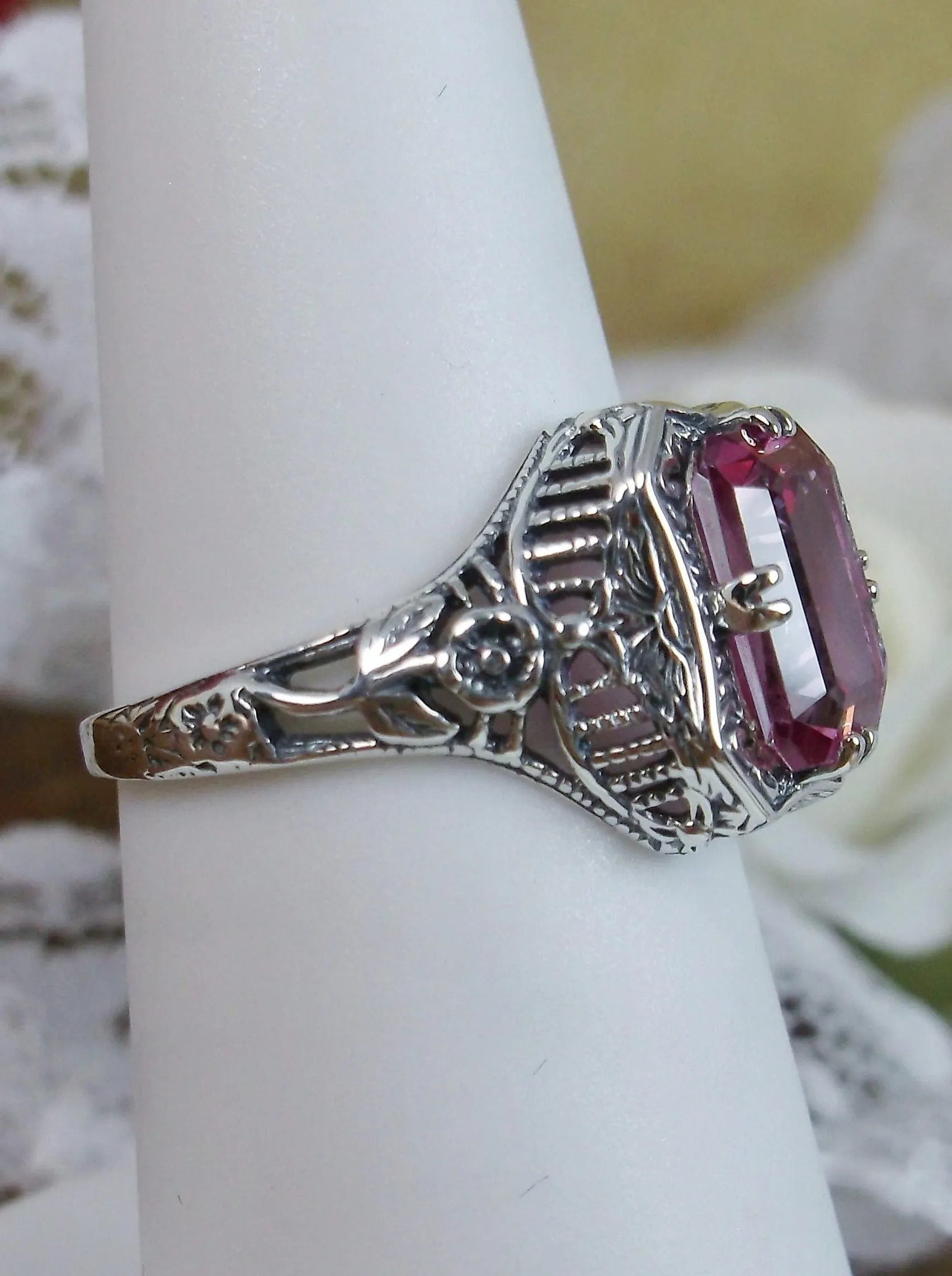 Natural Pink Topaz Ring, Lovely Rectangle Edwardian Jewelry #D148