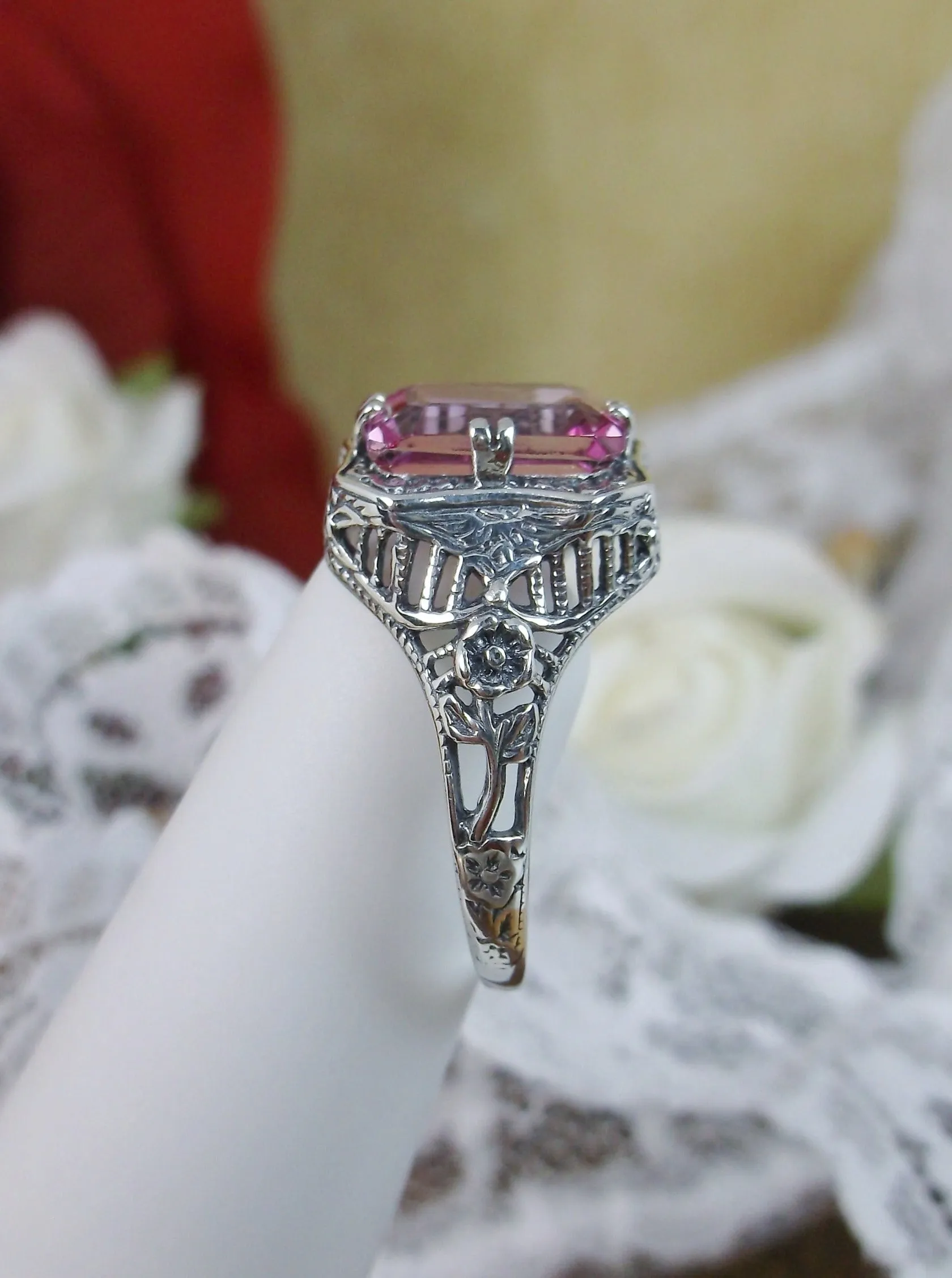 Natural Pink Topaz Ring, Lovely Rectangle Edwardian Jewelry #D148