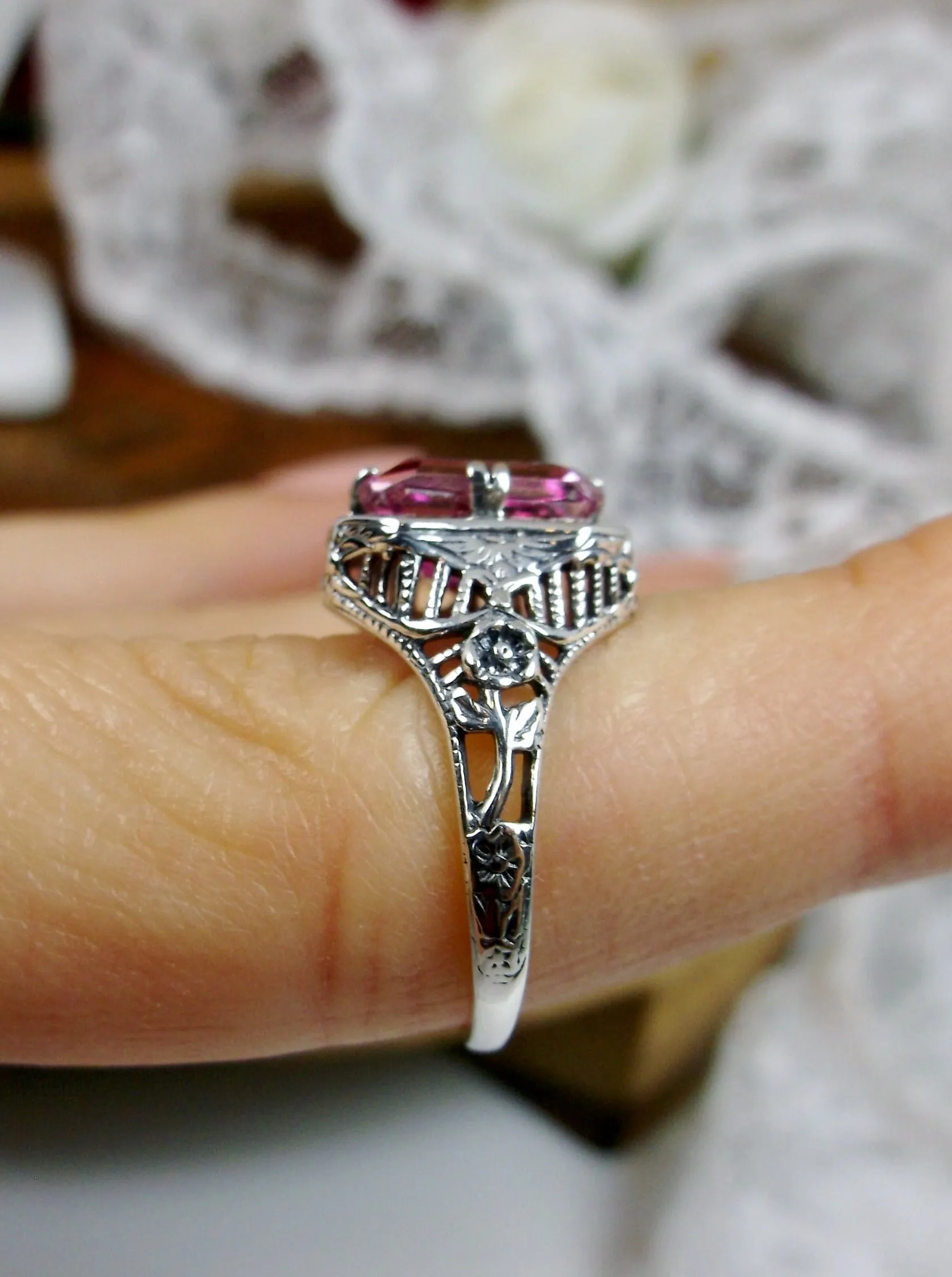 Natural Pink Topaz Ring, Lovely Rectangle Edwardian Jewelry #D148