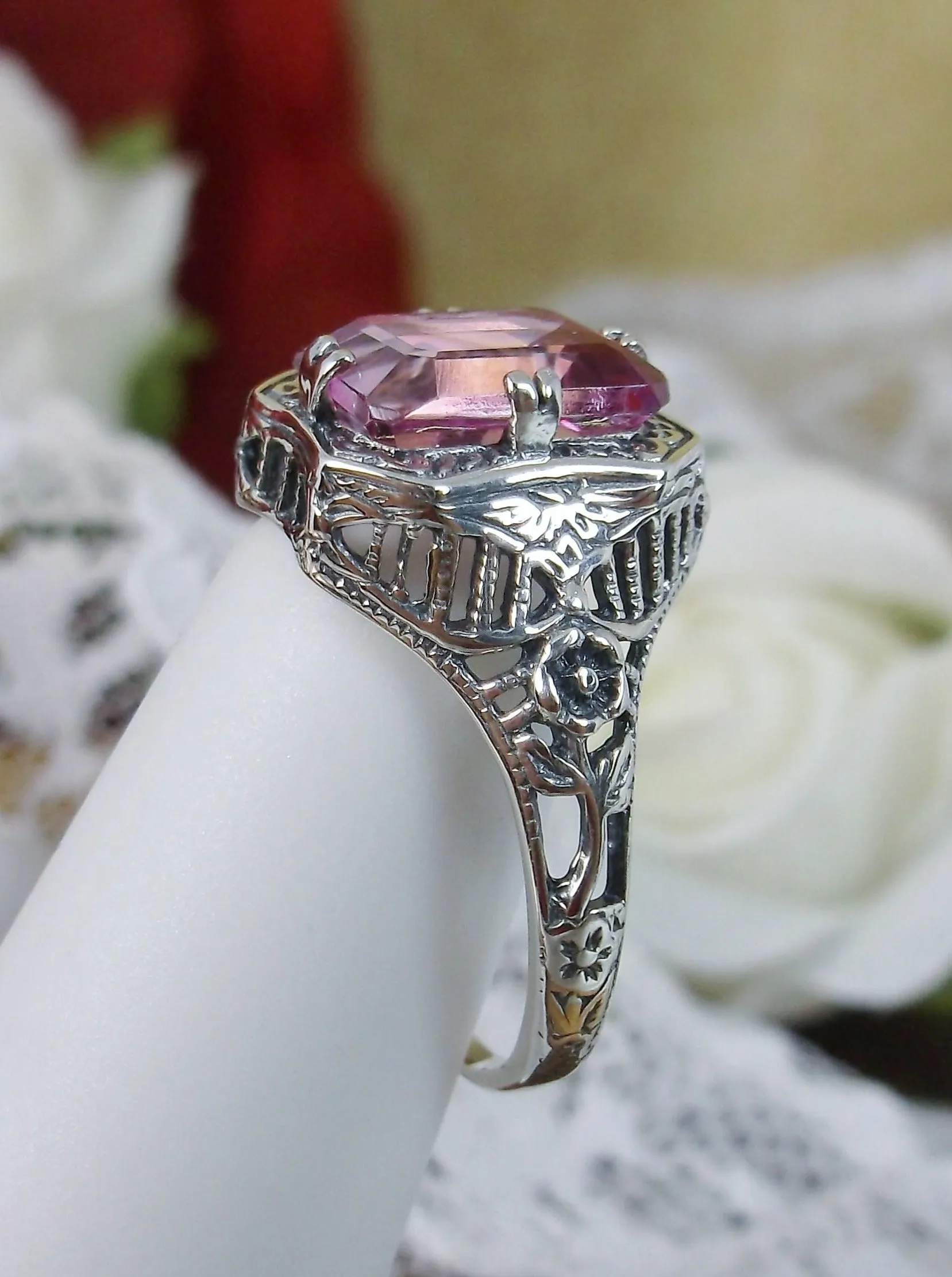 Natural Pink Topaz Ring, Lovely Rectangle Edwardian Jewelry #D148