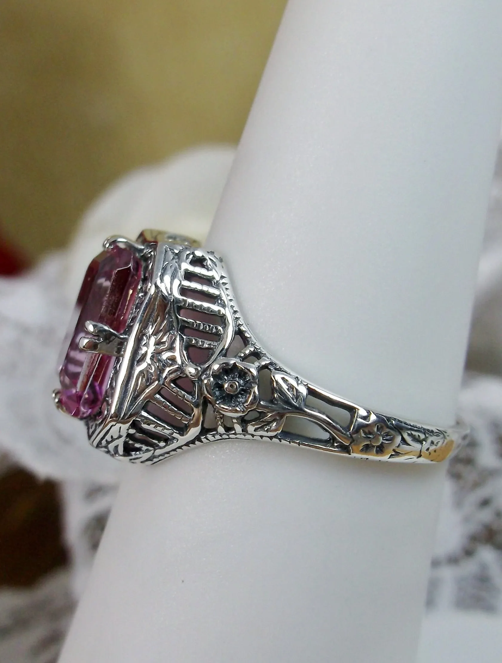 Natural Pink Topaz Ring, Lovely Rectangle Edwardian Jewelry #D148